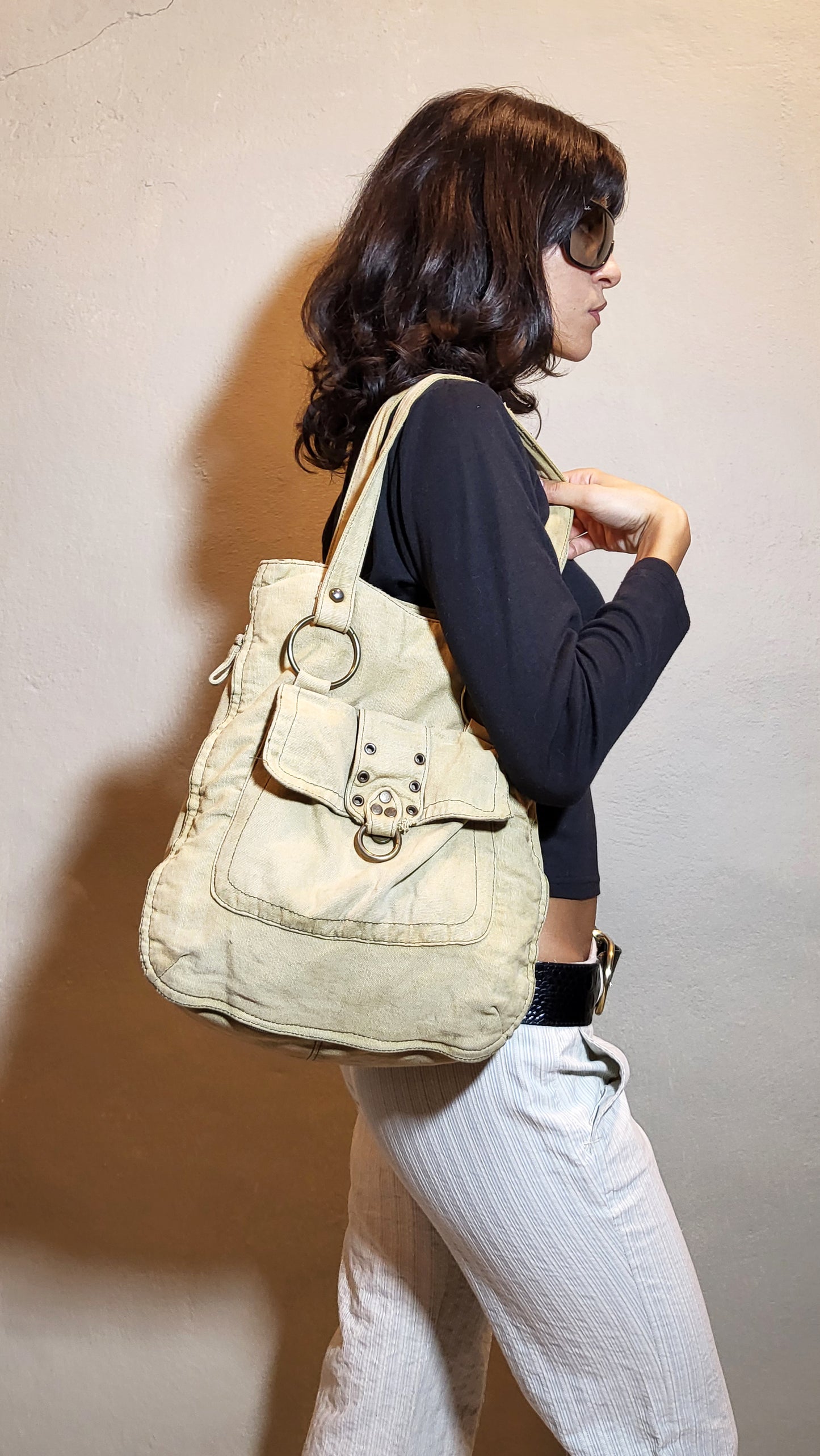Beige Canvas Utility Shoulder Bag