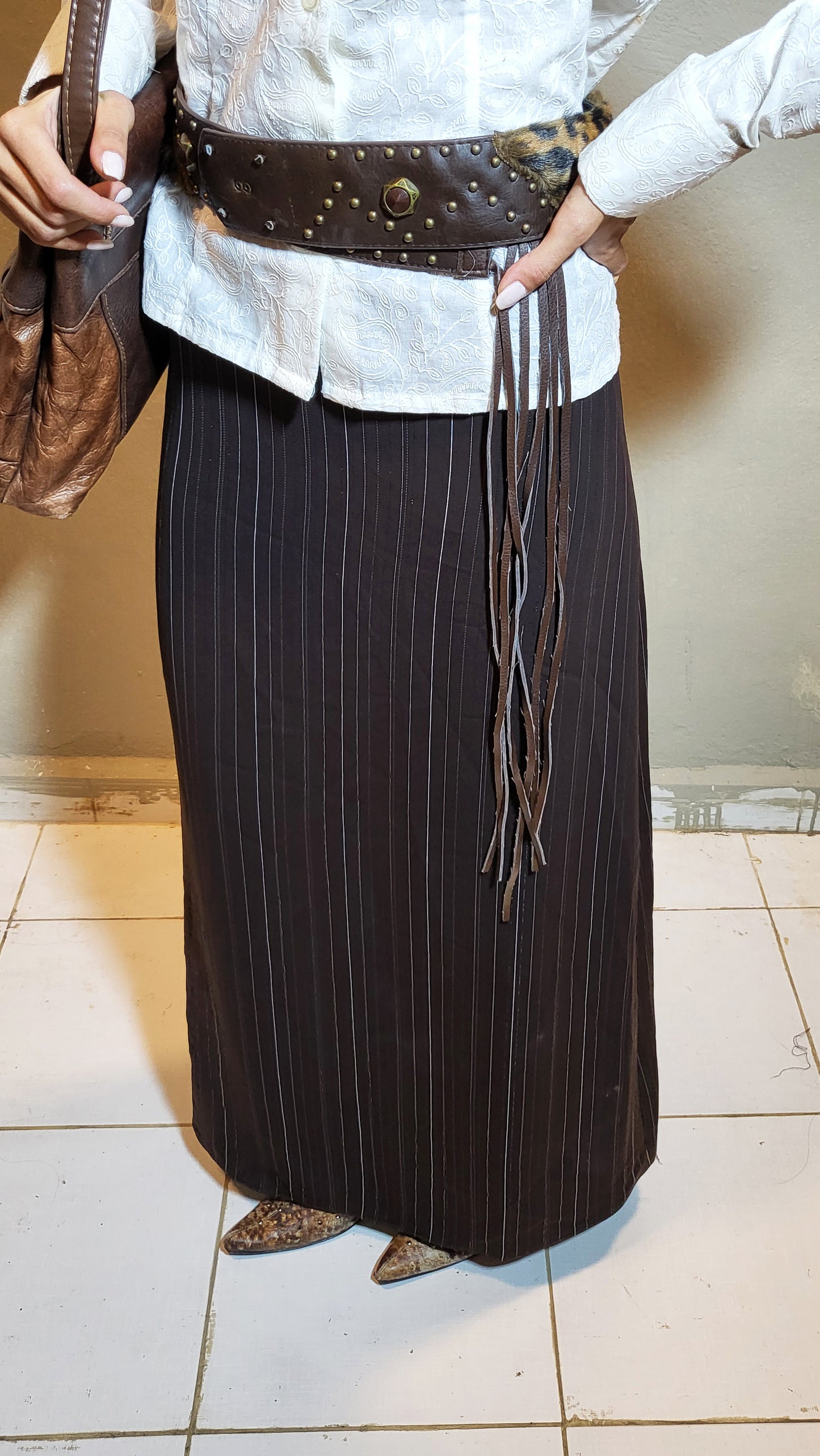 Brown Pinstripe Sparkle Maxi Skirt