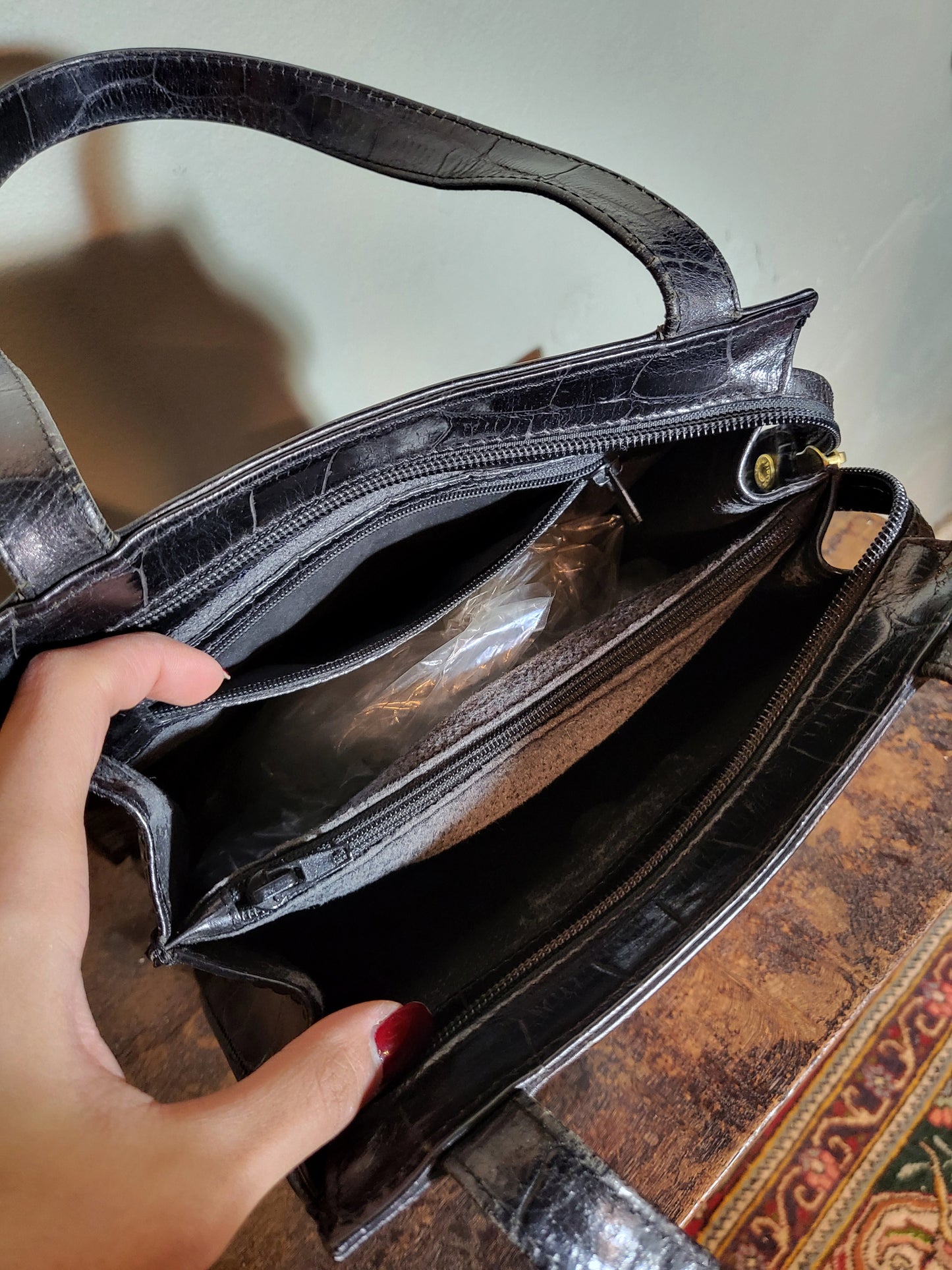 Croc-Embossed Leather Hand Bag