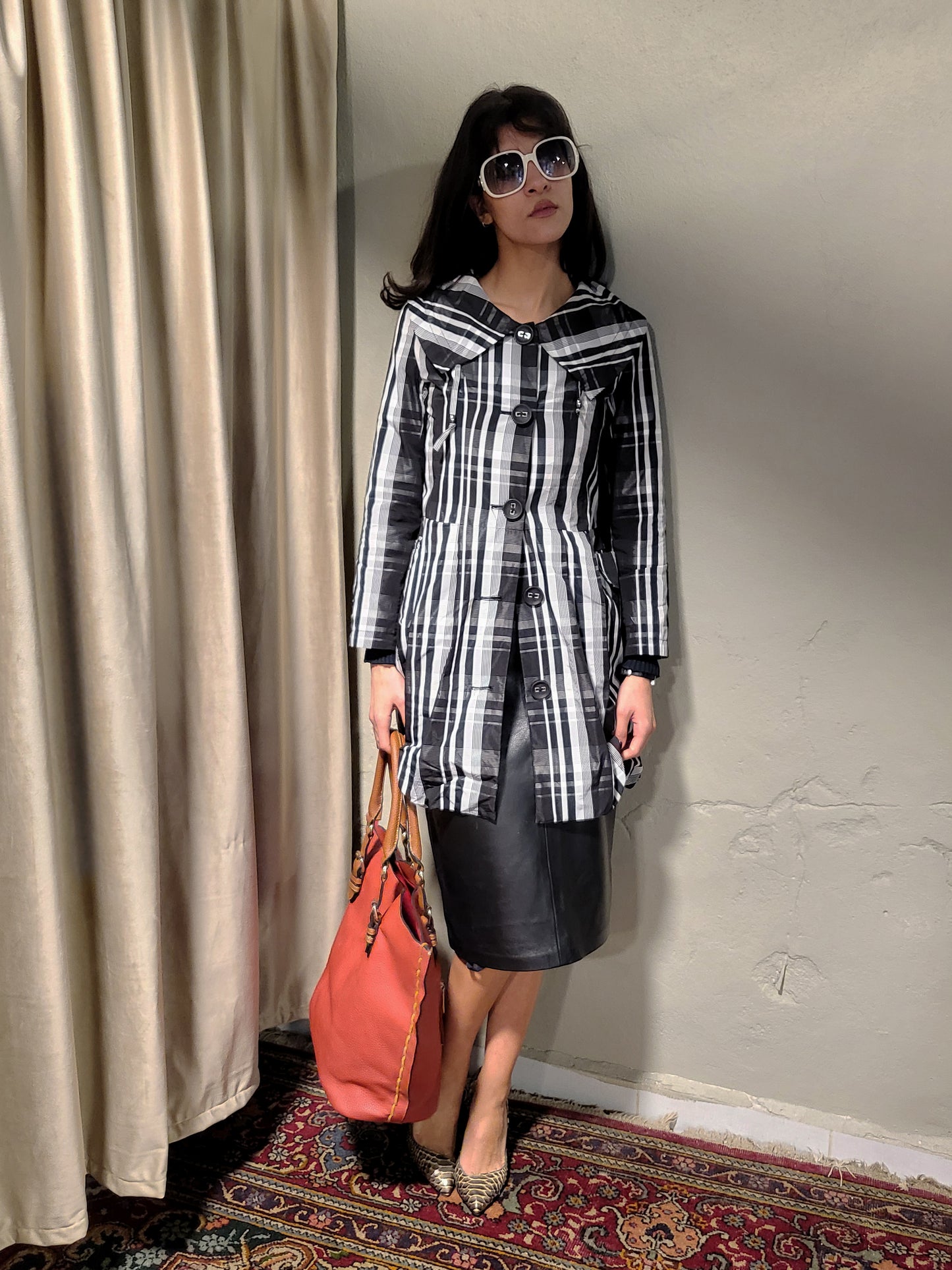 Vintage Black & White Plaid Structured Coat