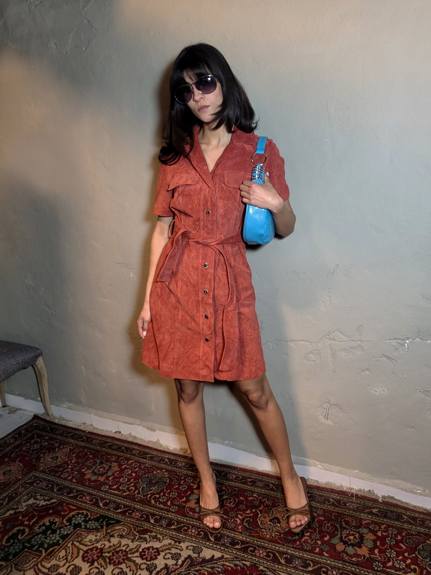 90s Suede Leather Shirt Dress