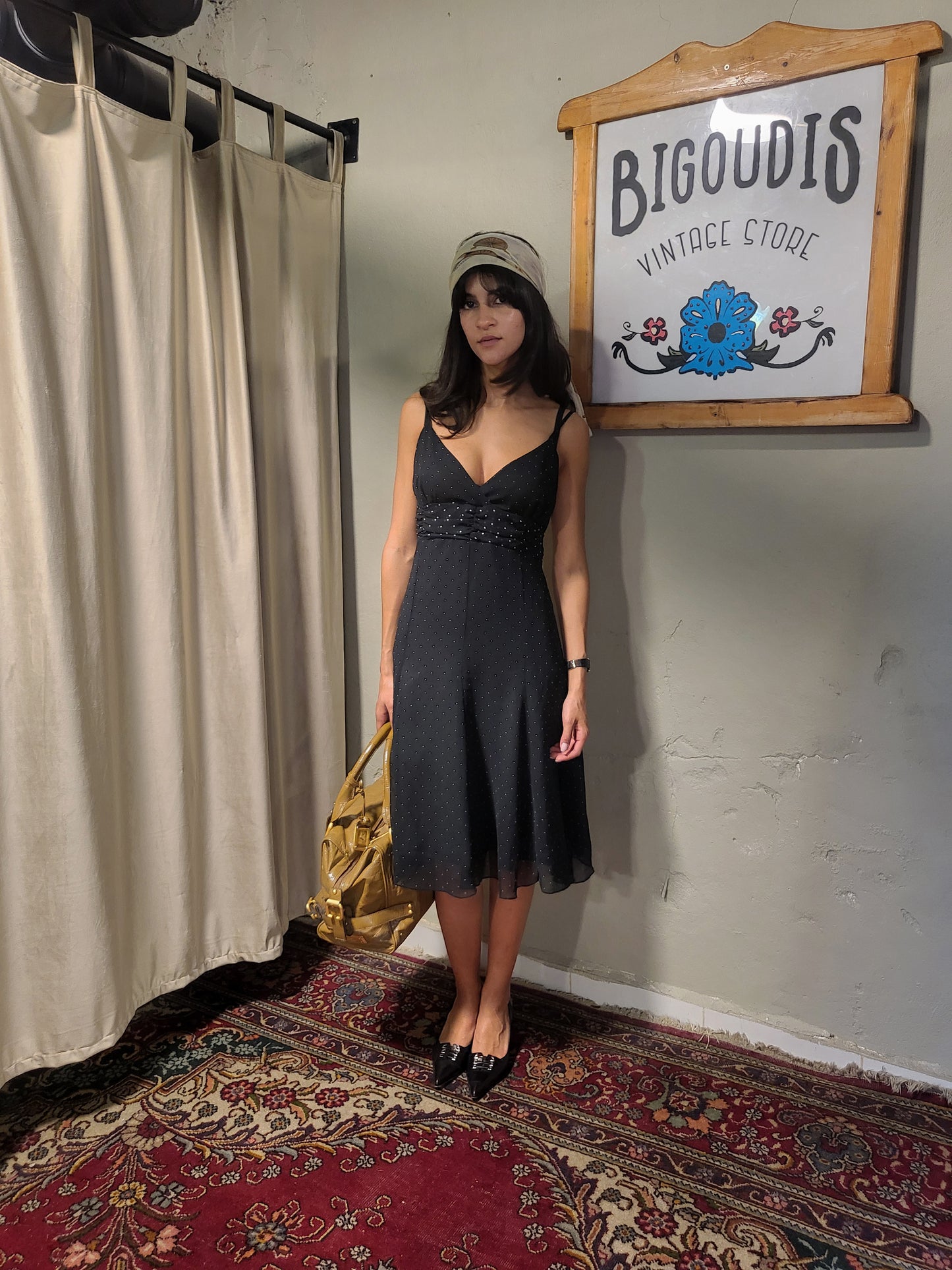 Camaïeu 90s Black Polka Dot Chiffon Midi Dress