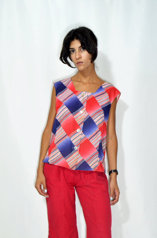 Red & Blue Vintage Patterned Gilet
