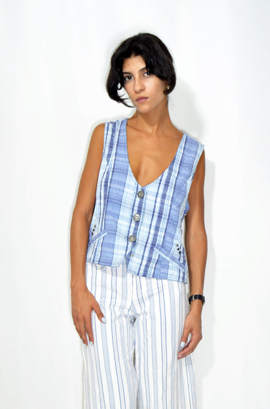 Blue Checkered Vintage Gilet