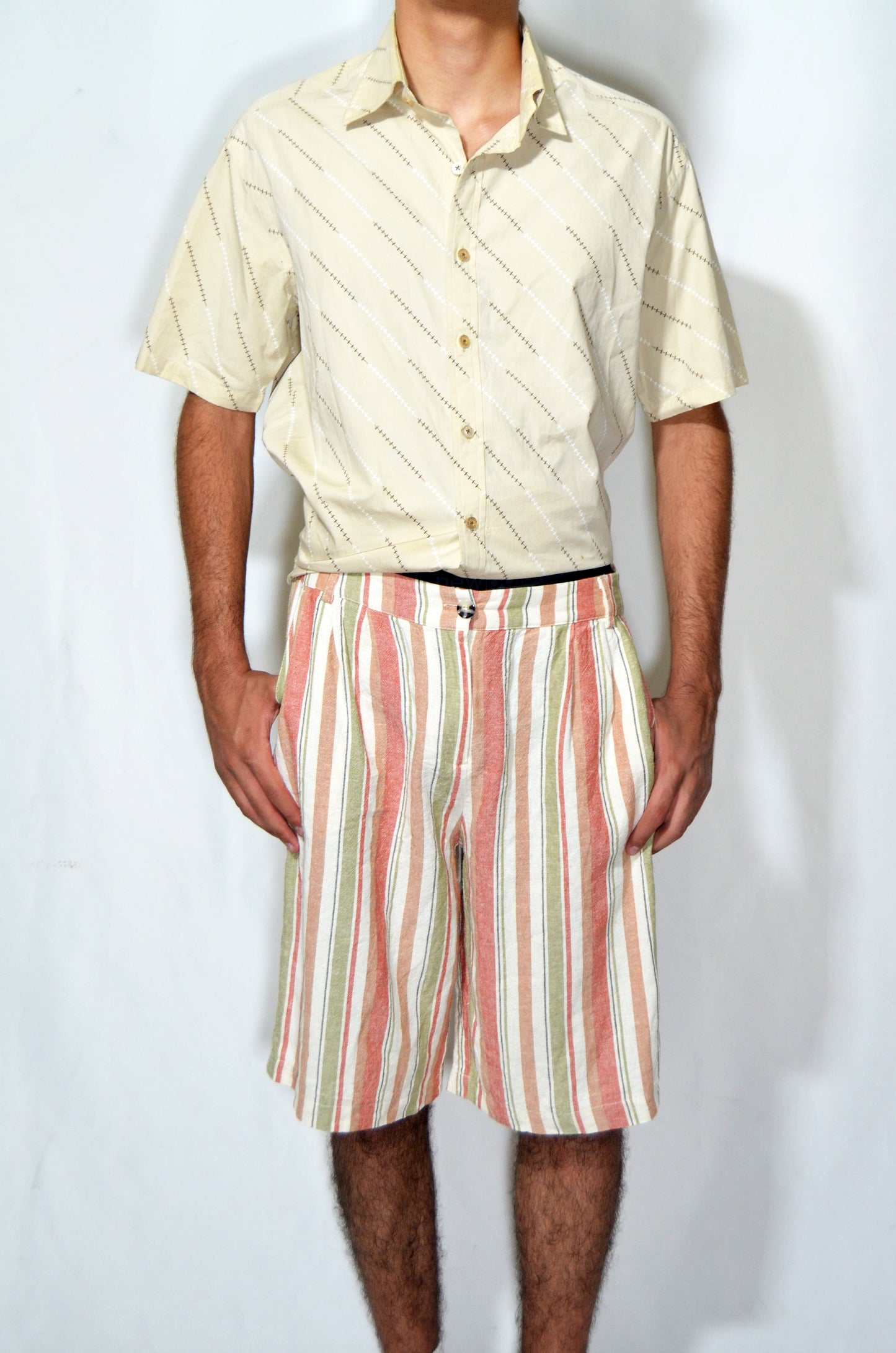 Salmon & Green Vintage Striped Linen Shorts