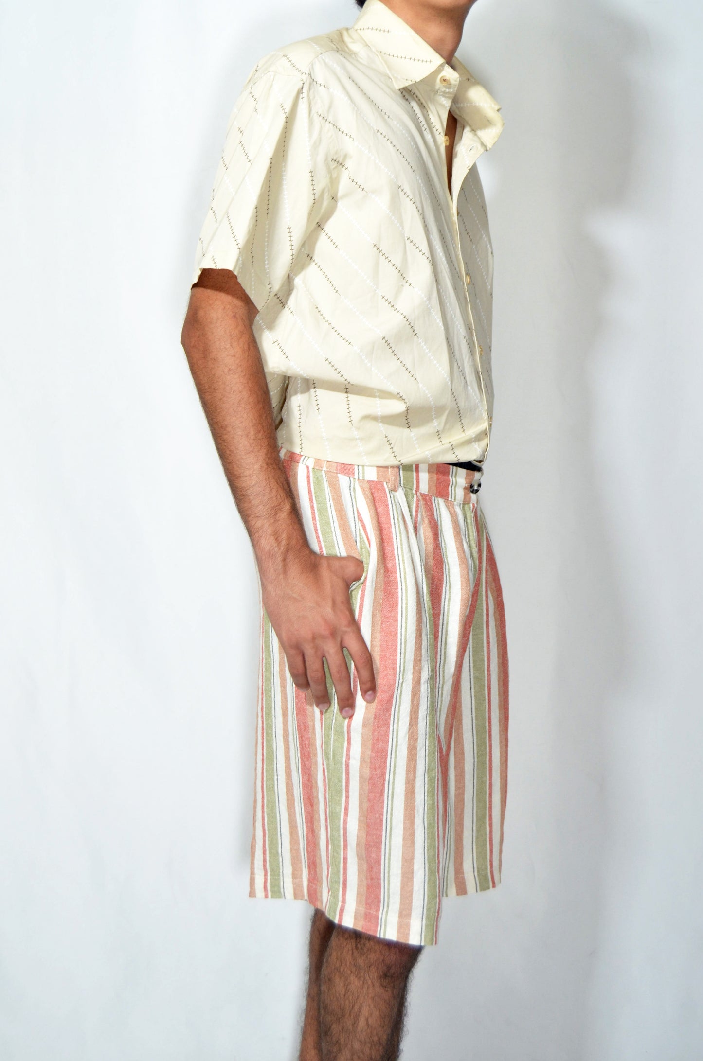 Salmon & Green Vintage Striped Linen Shorts