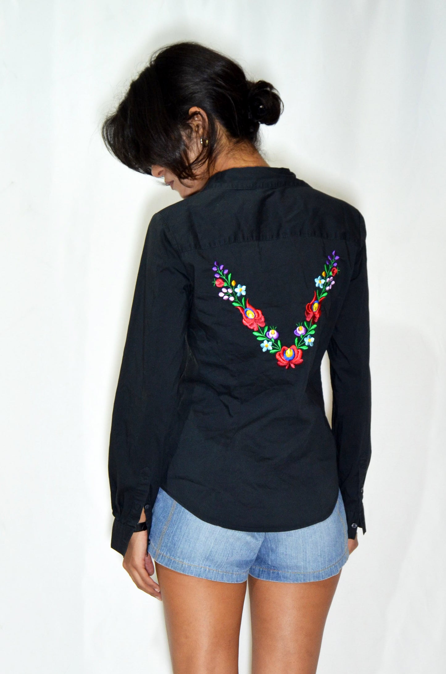 Grey Vintage Floral Embroidered Shirt