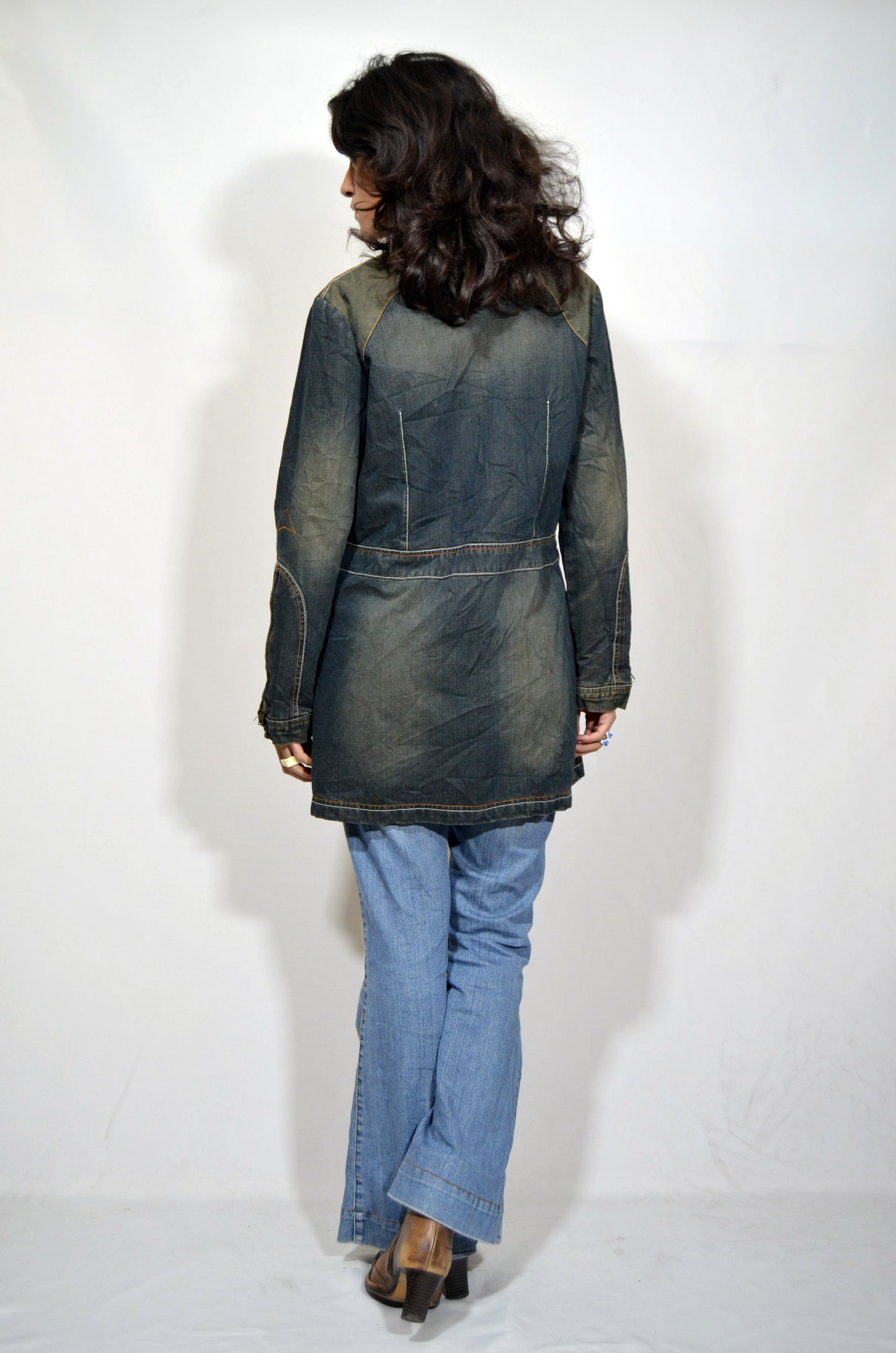 Blue Denim Washed Out Long Vintage Jacket