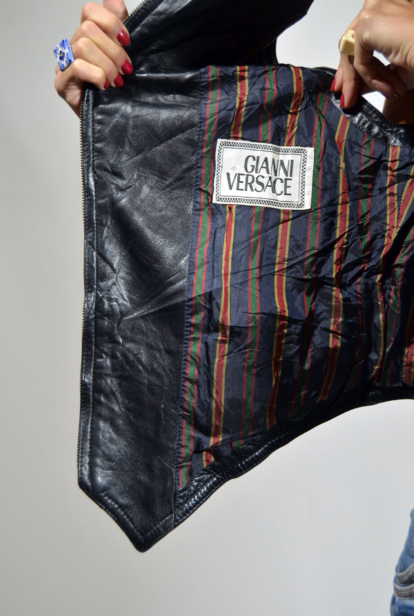 "VERSACE" Black Genuine Leather Uni-Sex Vintage Biker Gilet