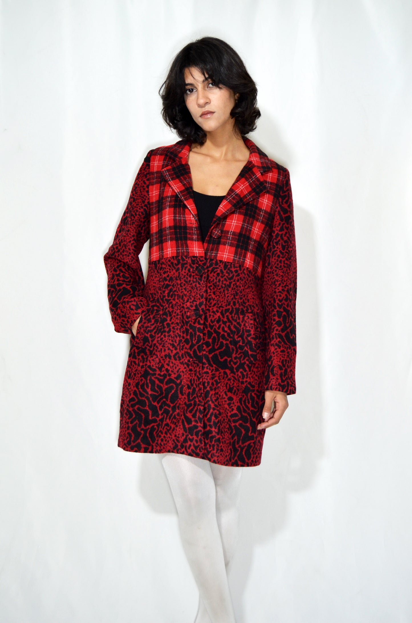 Red & Black Wool Vintage Patterned Coat