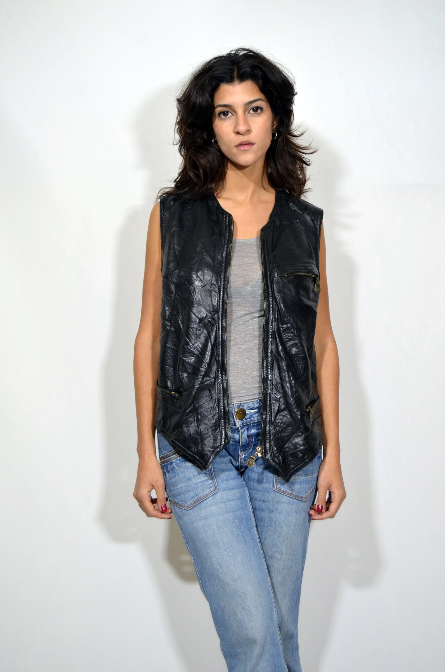 "VERSACE" Black Genuine Leather Uni-Sex Vintage Biker Gilet