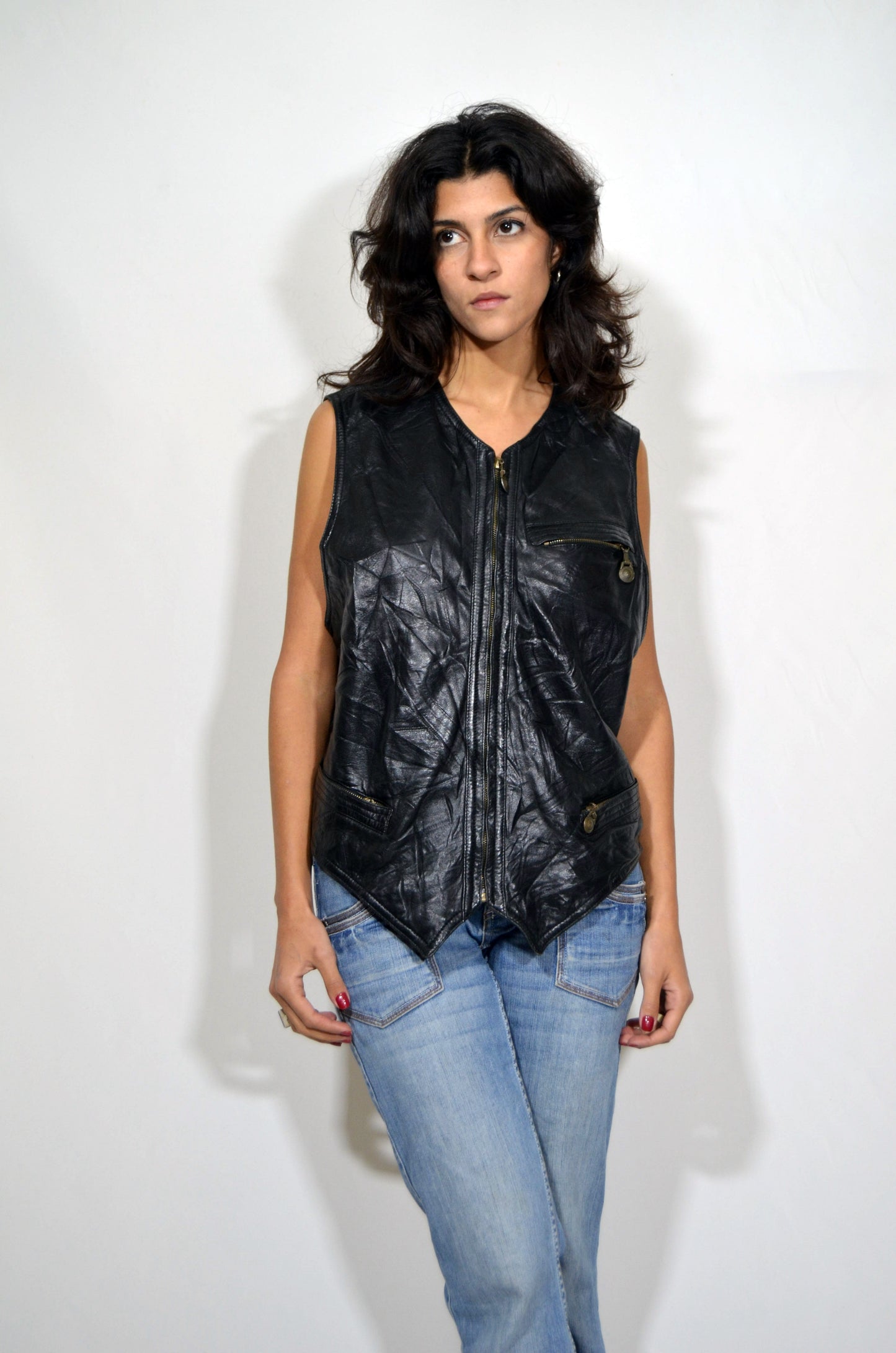 "VERSACE" Black Genuine Leather Uni-Sex Vintage Biker Gilet