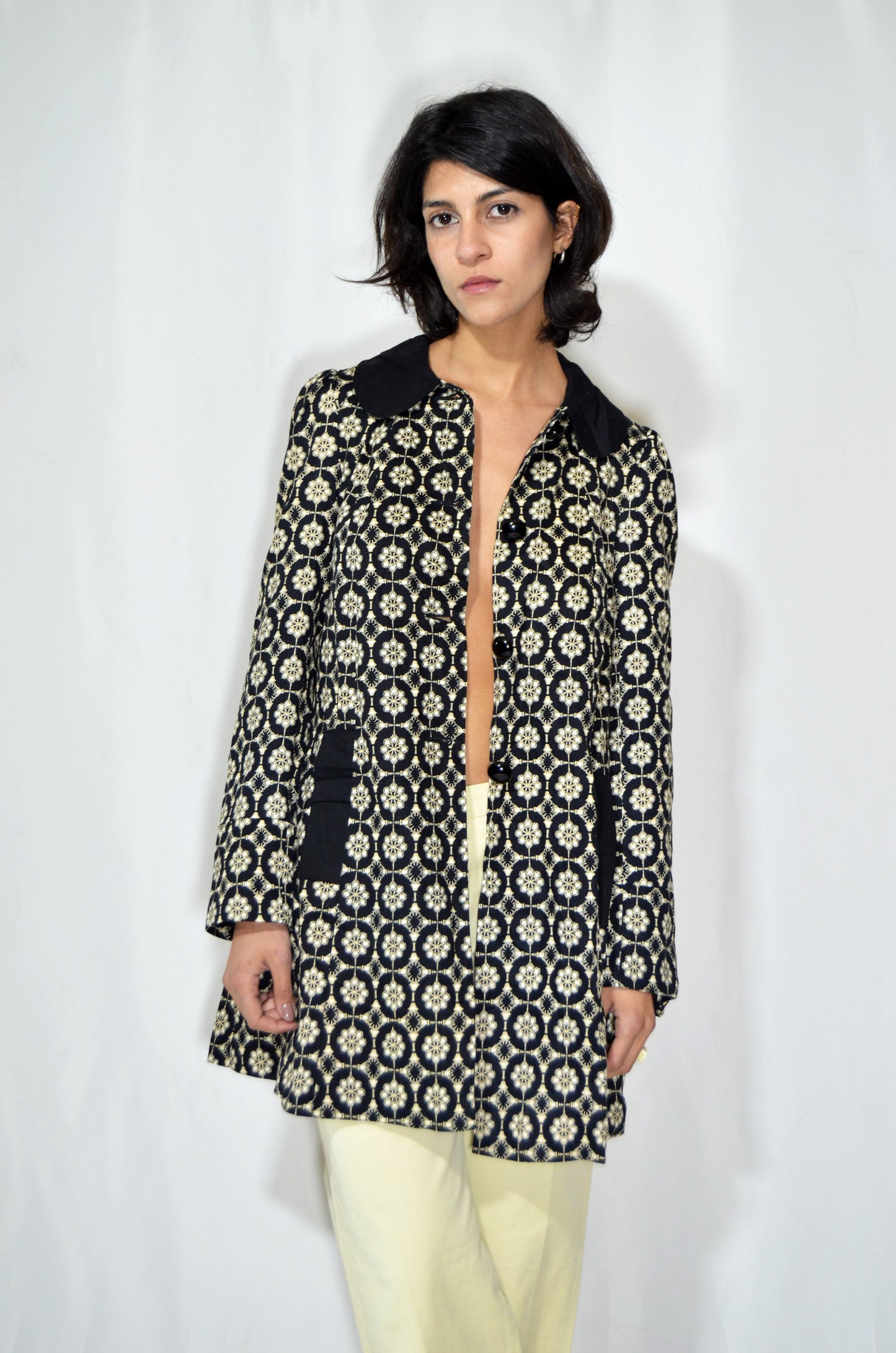 "Atmosphere" Black & Beige Patterned Vintage Coat