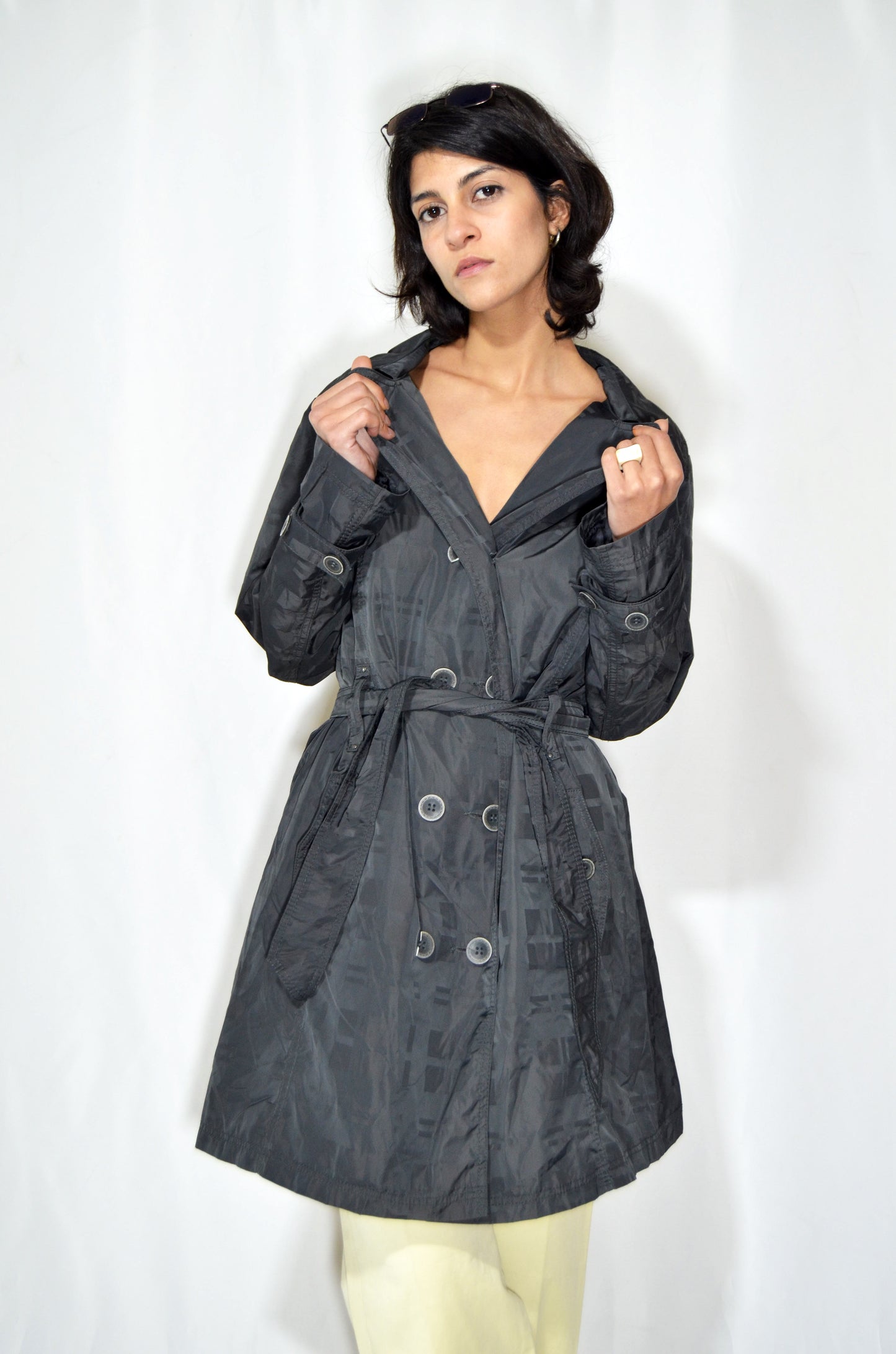 Grey Vintage Patterned Trench Coat