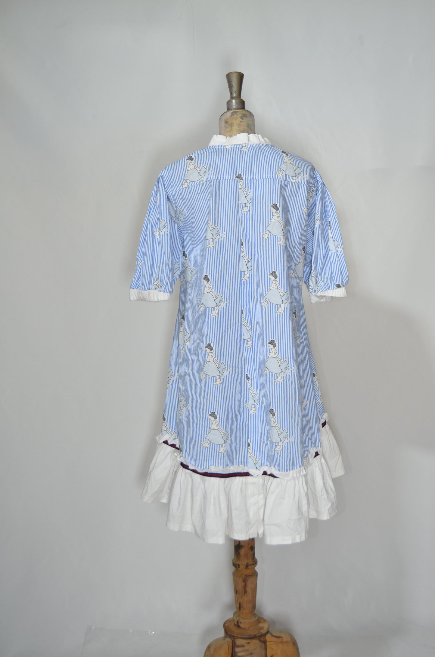 Blue Patterned Cotton Flared & Ruffled Dress