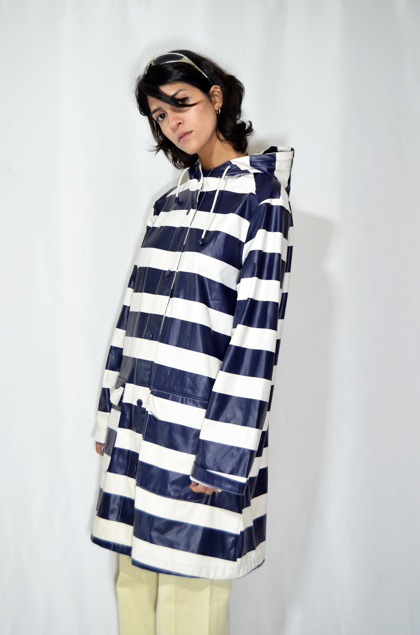 Blue & White Striped Vintage Rain Coat