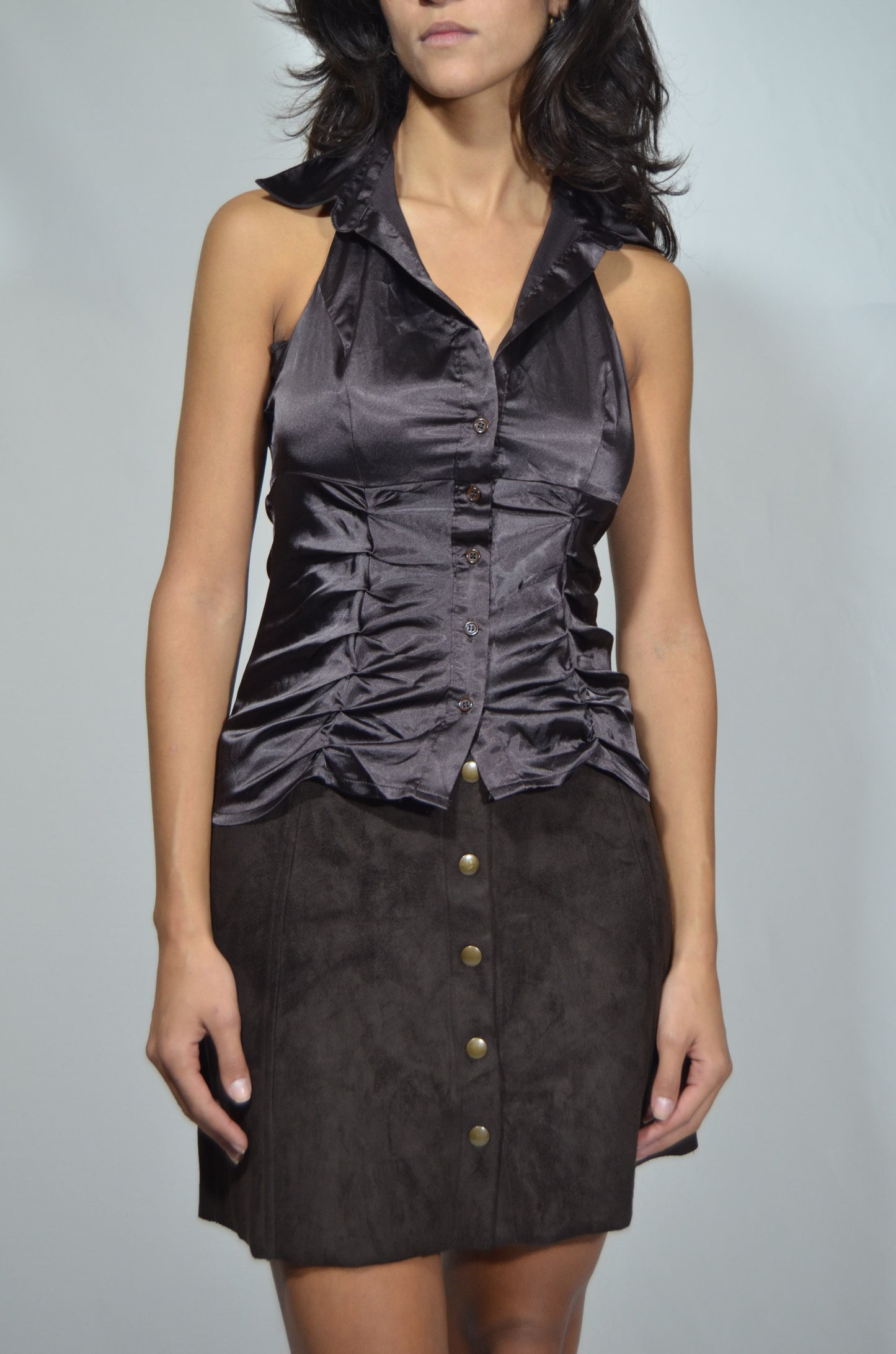 Brown Silky Fitted Backless Vintage Top