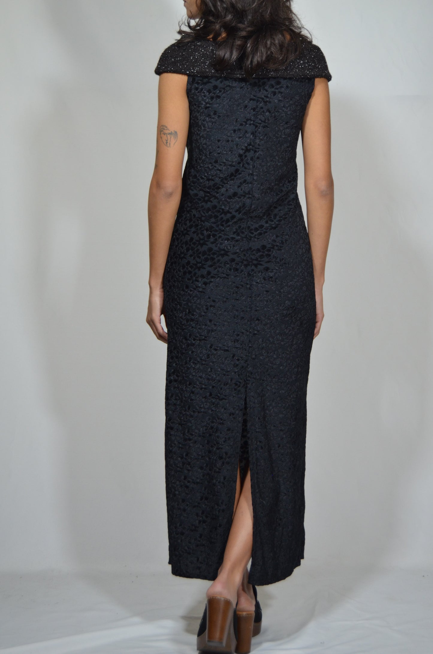 Black Col Bateau Velvet Vintage Maxi Dress