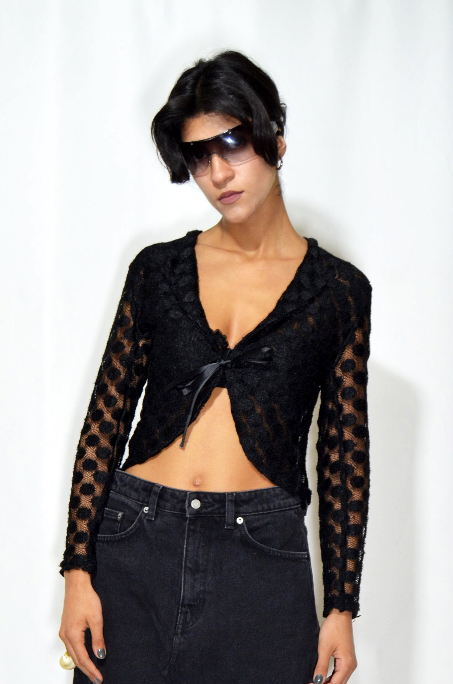 Black Vintage See-though Dotted Top