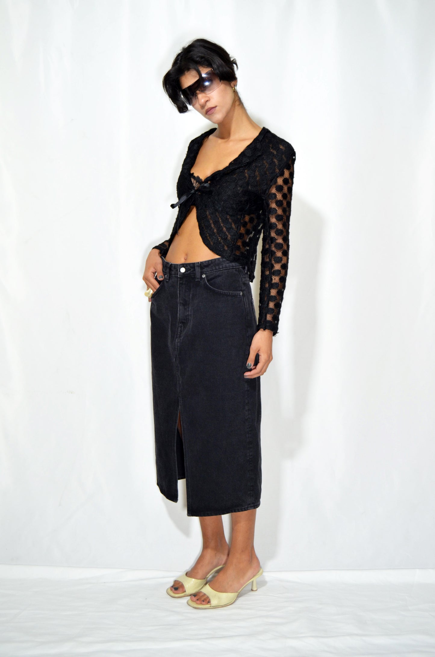 Black Vintage Denim Midi Skirt