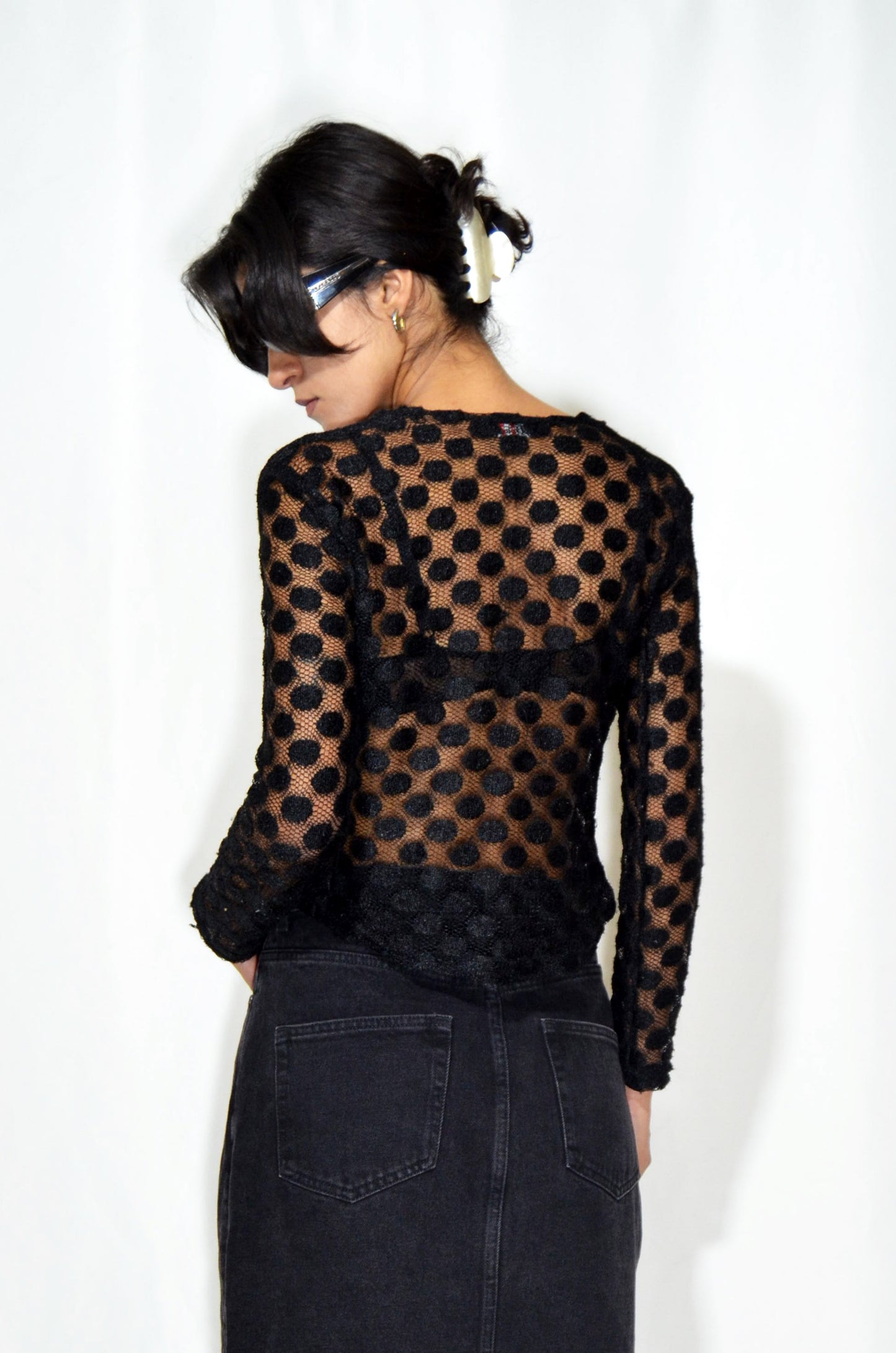 Black Vintage See-though Dotted Top