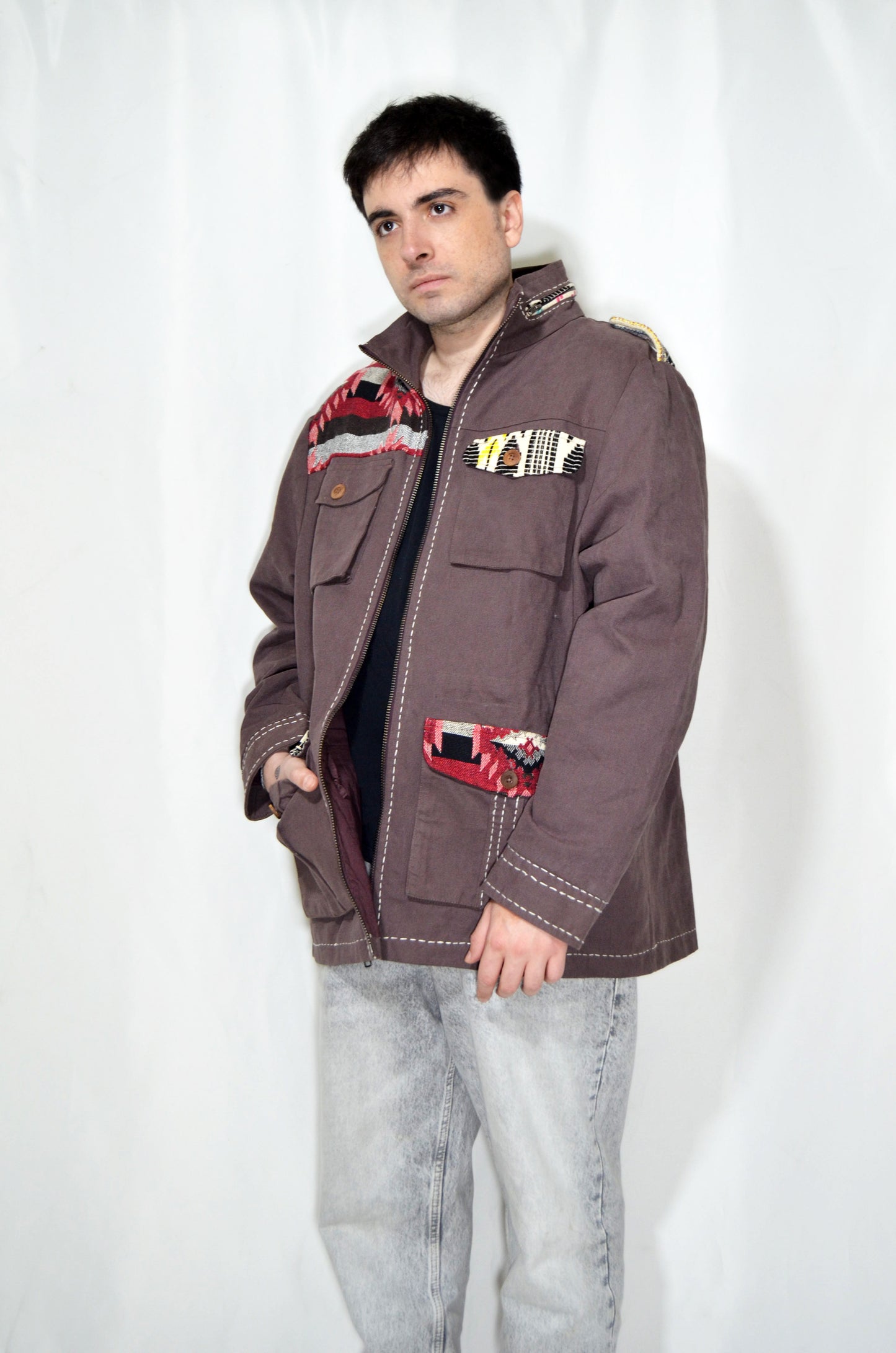 Brown Embroidered Patchwork Vintage Jacket