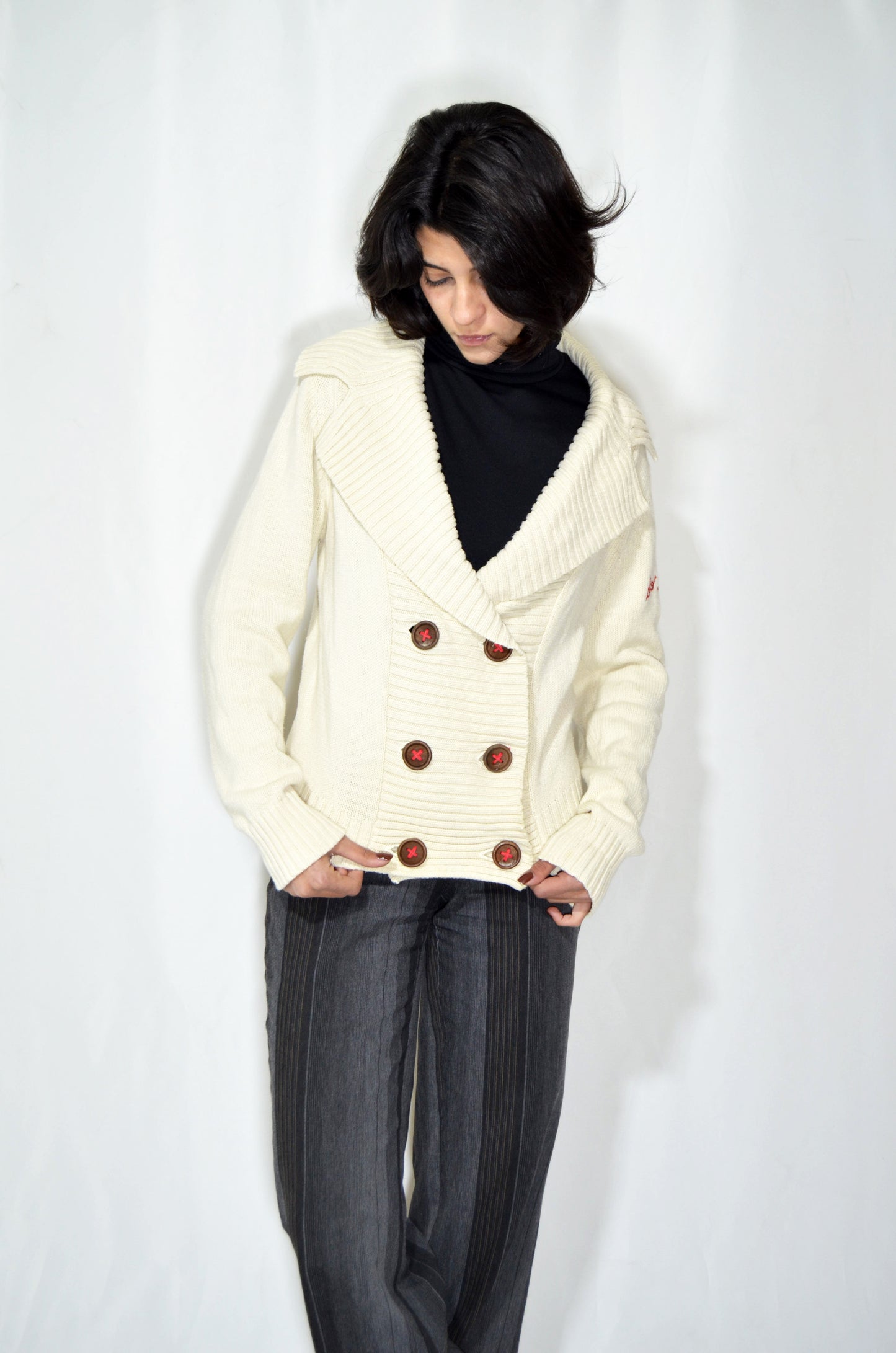 White Vintage Double-breasted Sweater