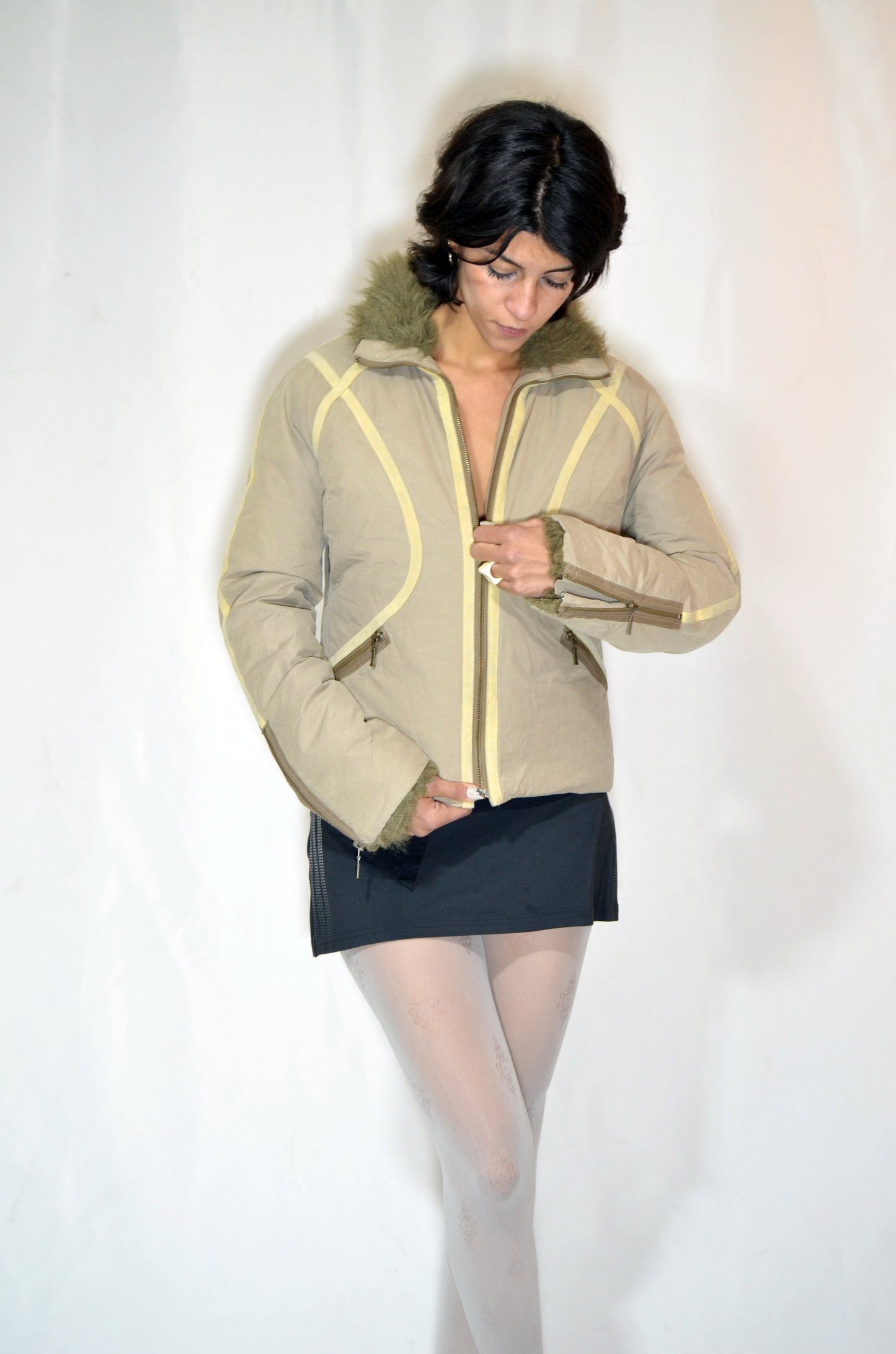 Beige Furry Vintage Jacket with Suede Details