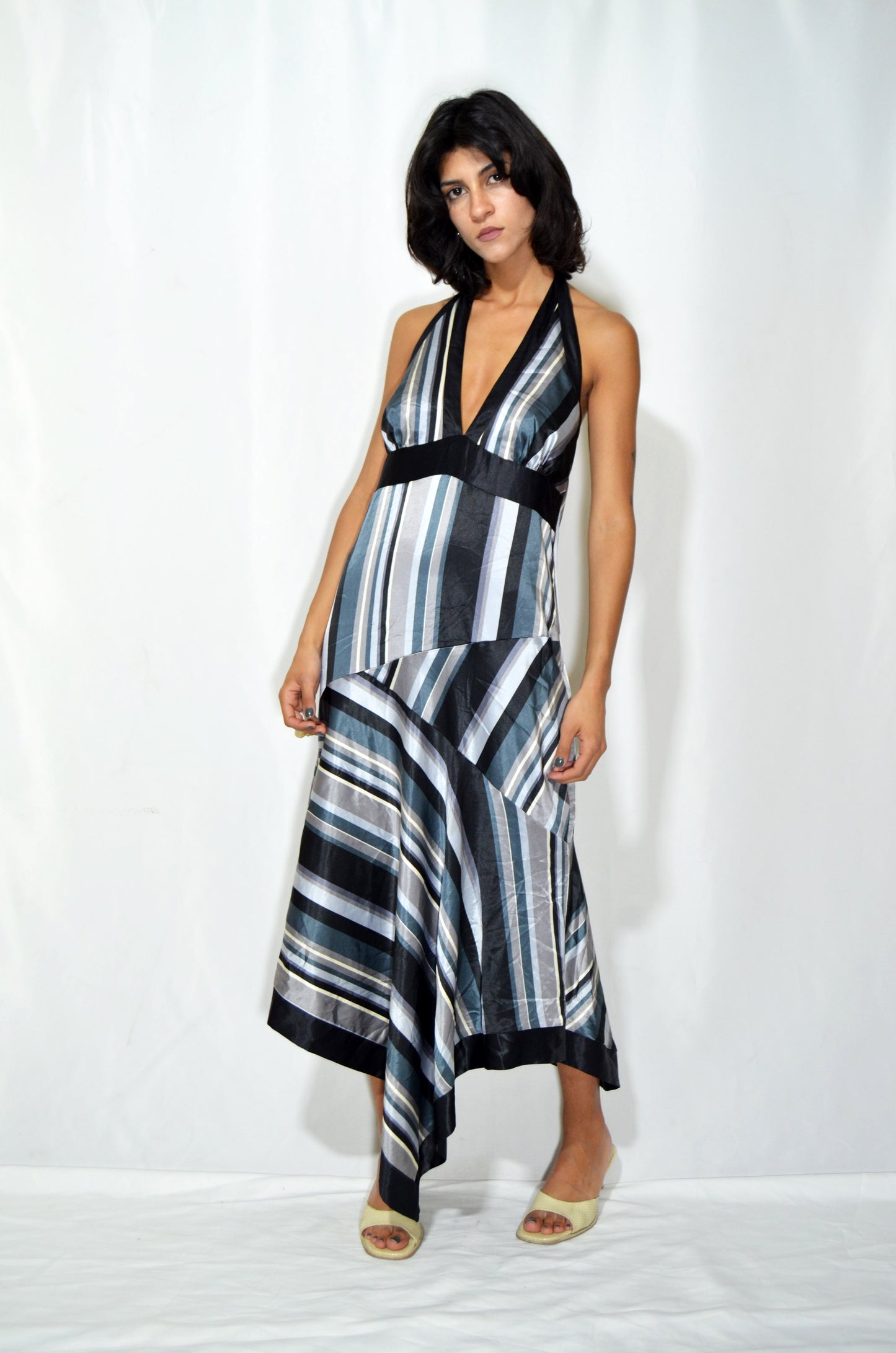 Black, grey & Blue Striped Vintage Backless Dress