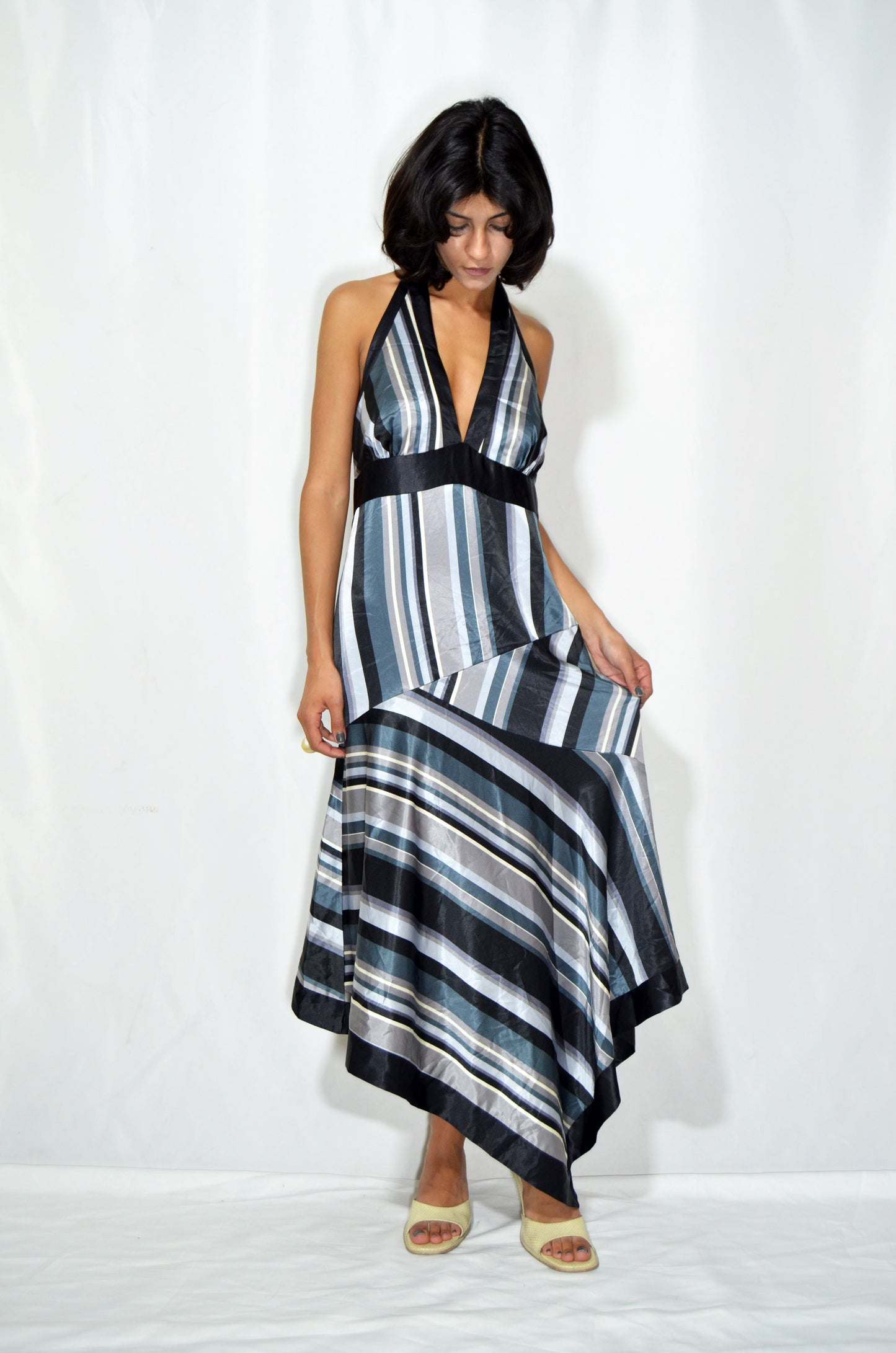 Black, grey & Blue Striped Vintage Backless Dress