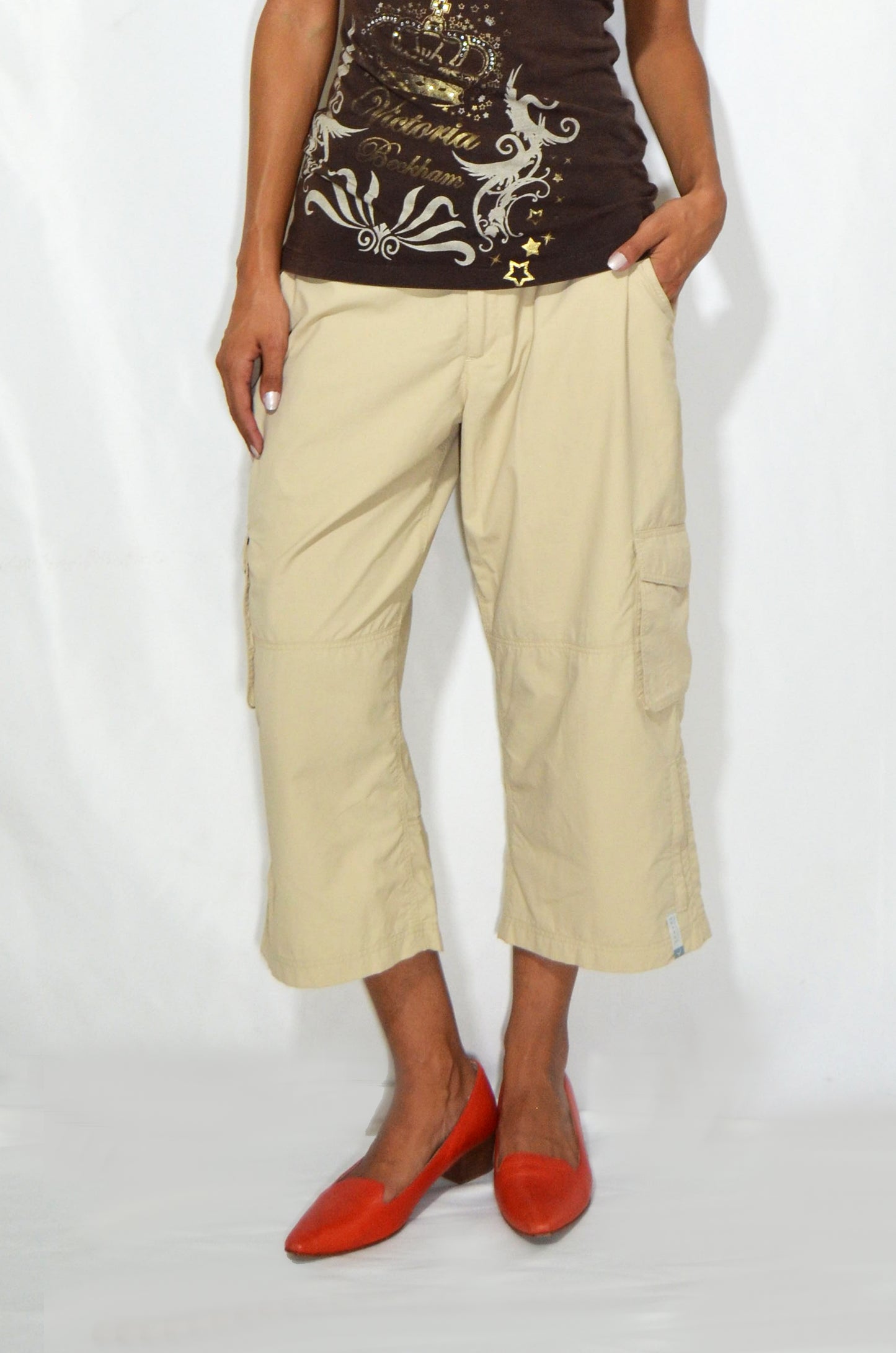 Vintage Beige Capri Cargo Pants