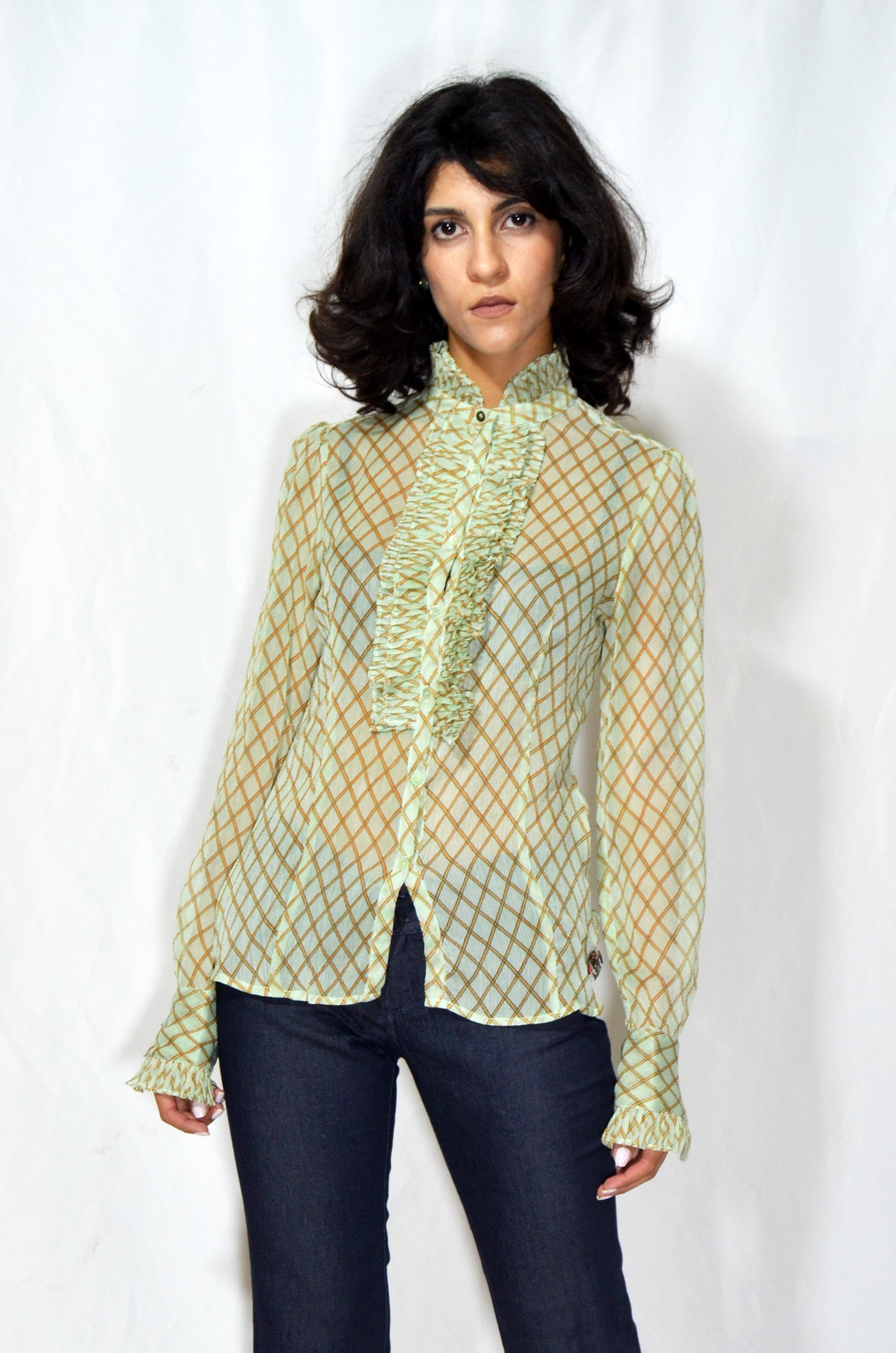 Vintage Sheer Ruffle-Front Geometric Blouse