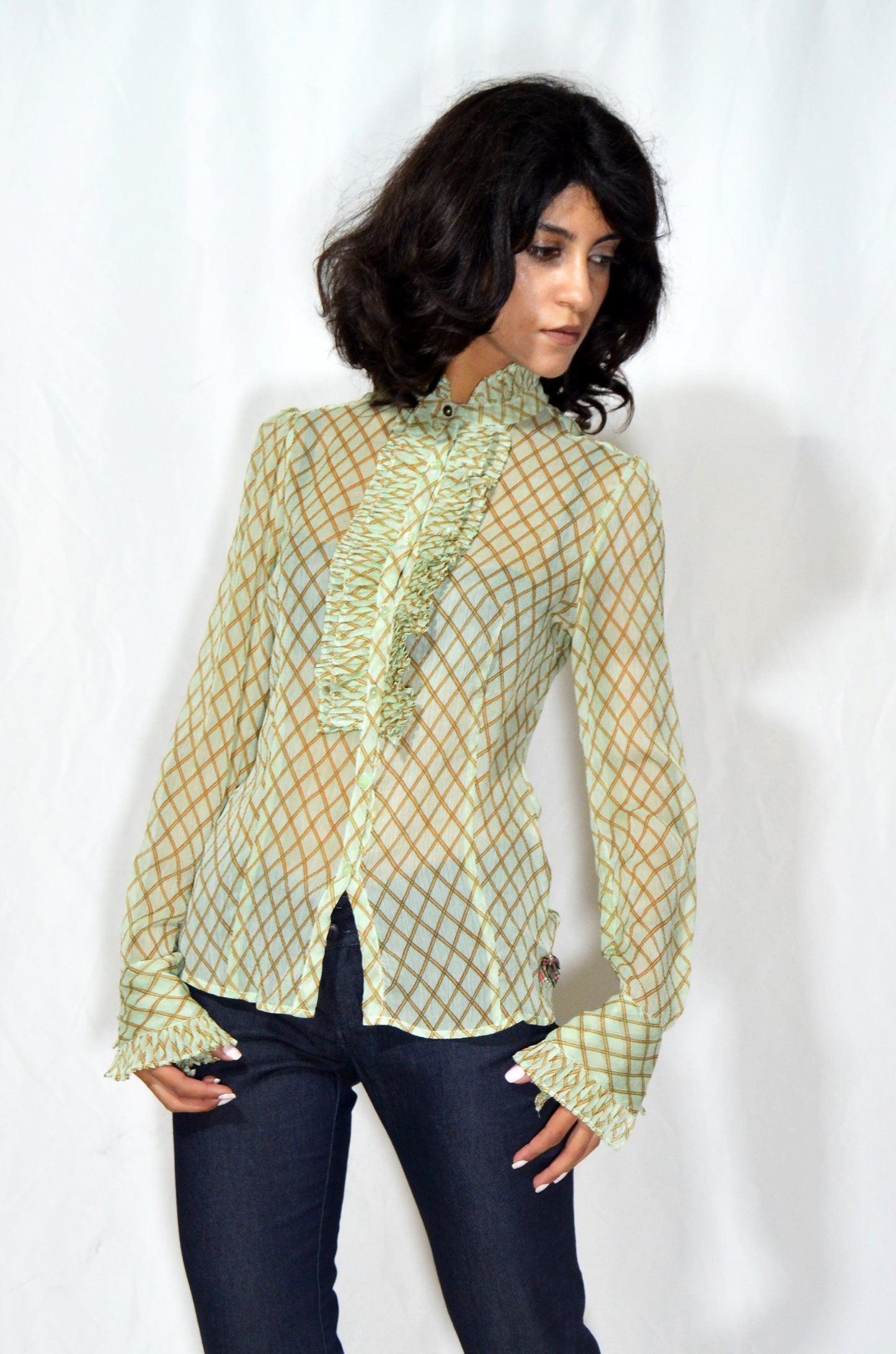 Vintage Sheer Ruffle-Front Geometric Blouse