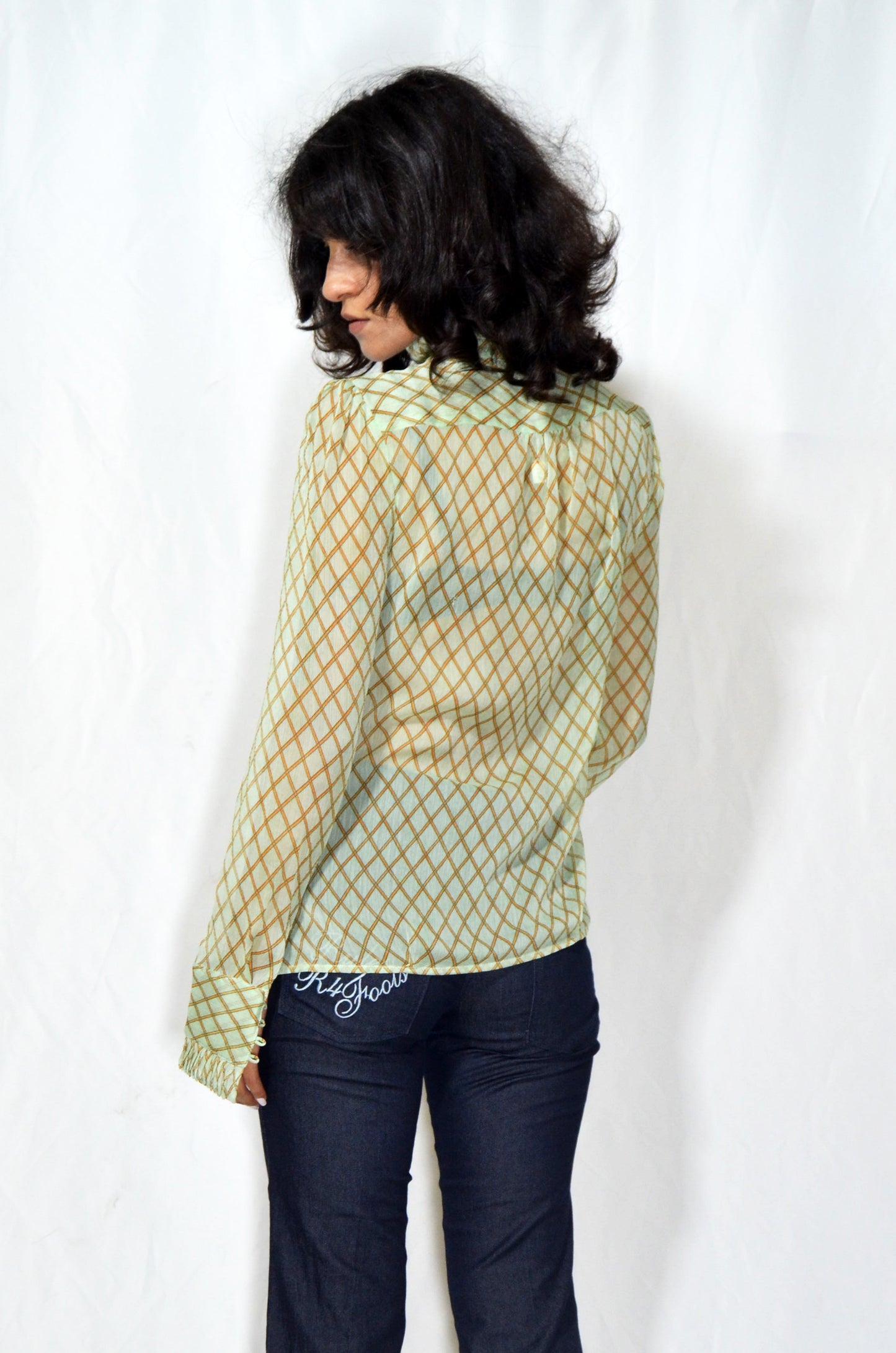 Vintage Sheer Ruffle-Front Geometric Blouse