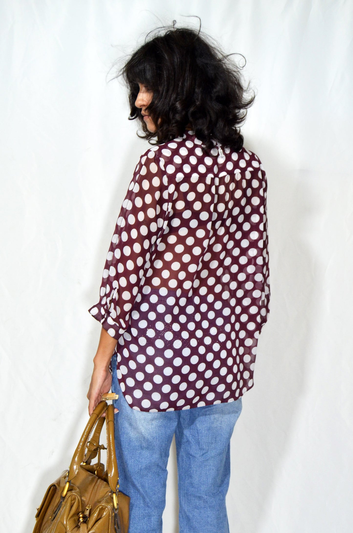 Vintage Burgundy Sheer Polka Dot Tie-Neck Blouse