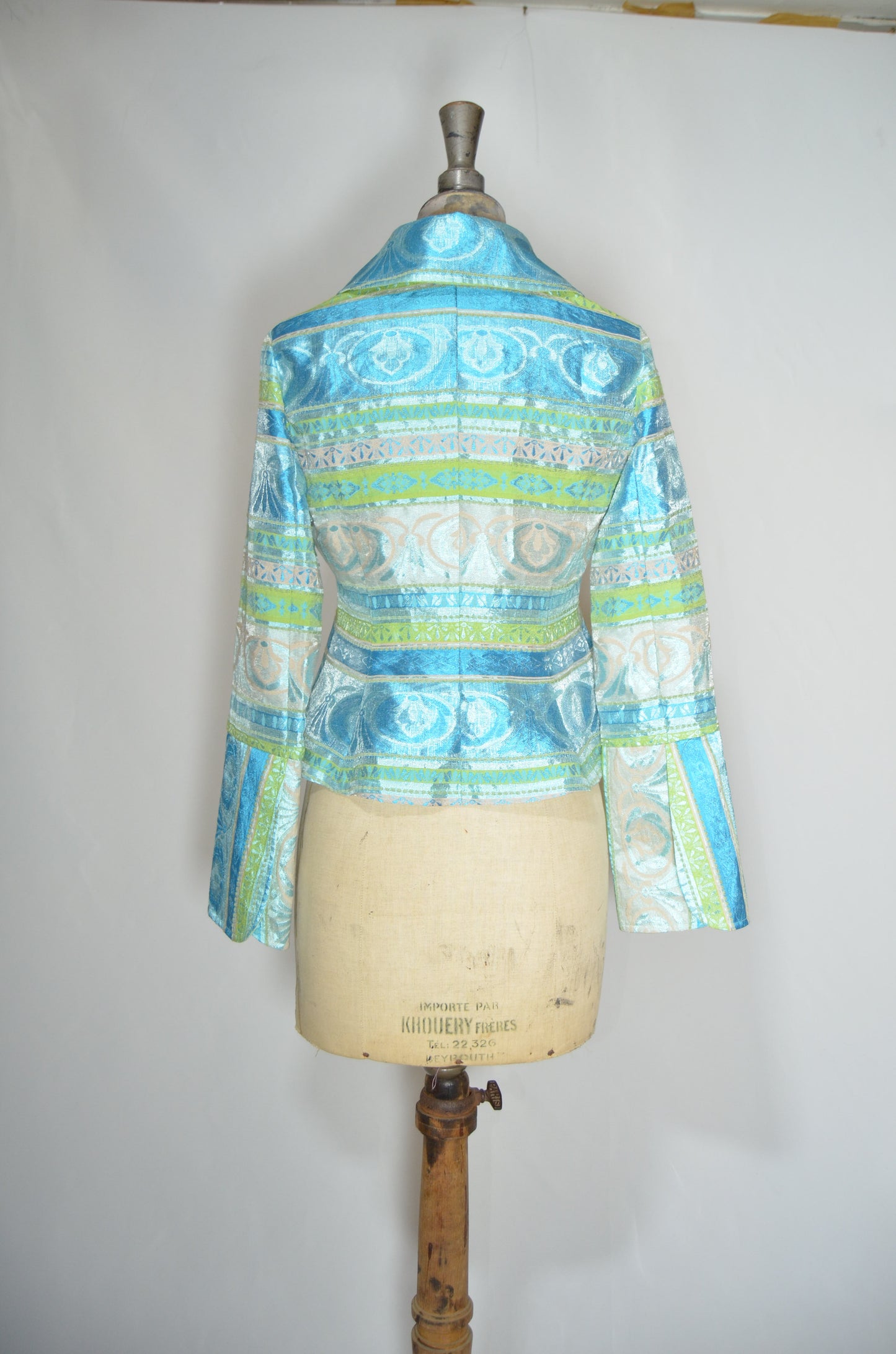 Blue, White & Green Patterned Fitted Jacket