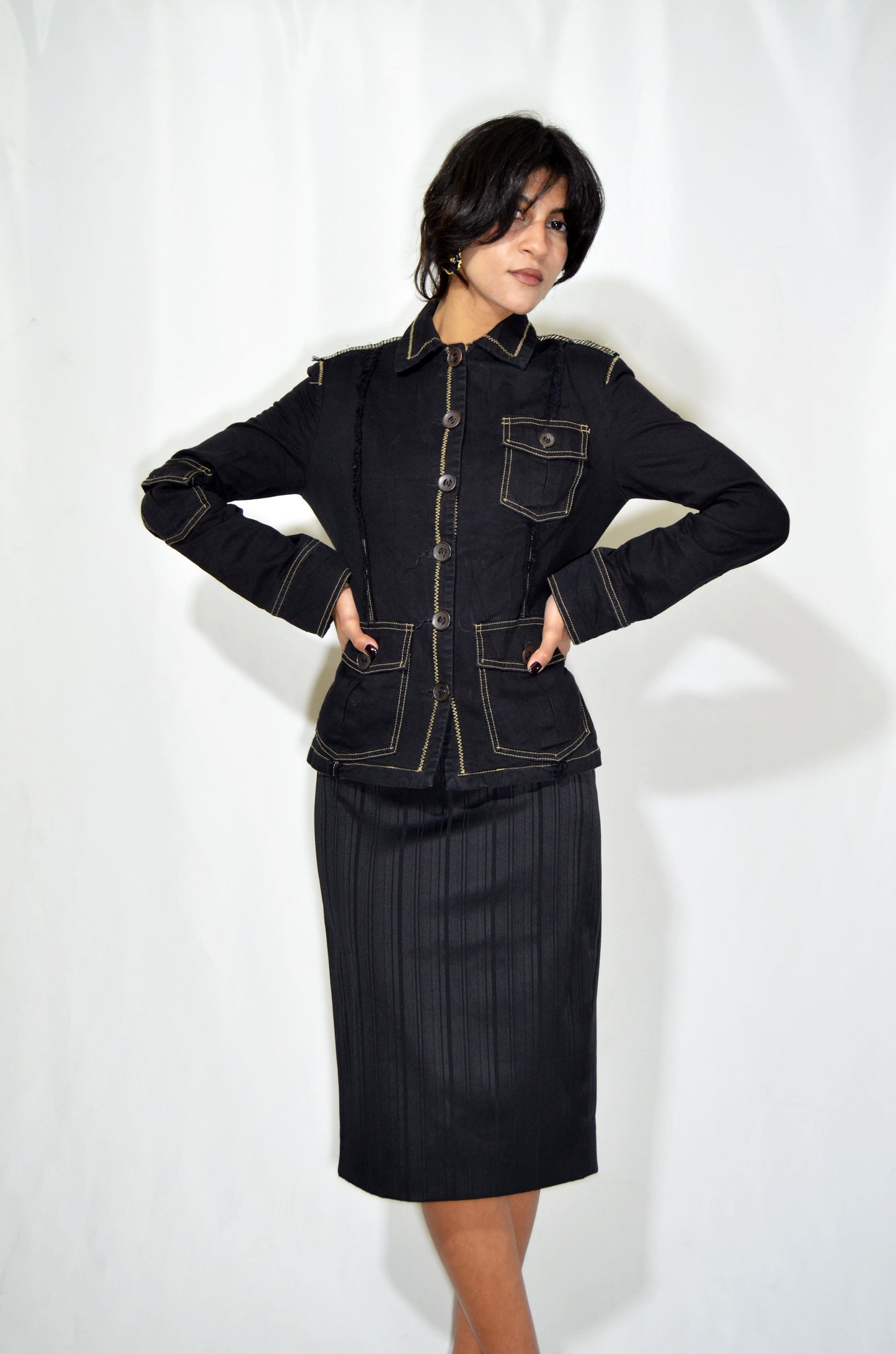 Black Vintage Denim Jacket with white stitching