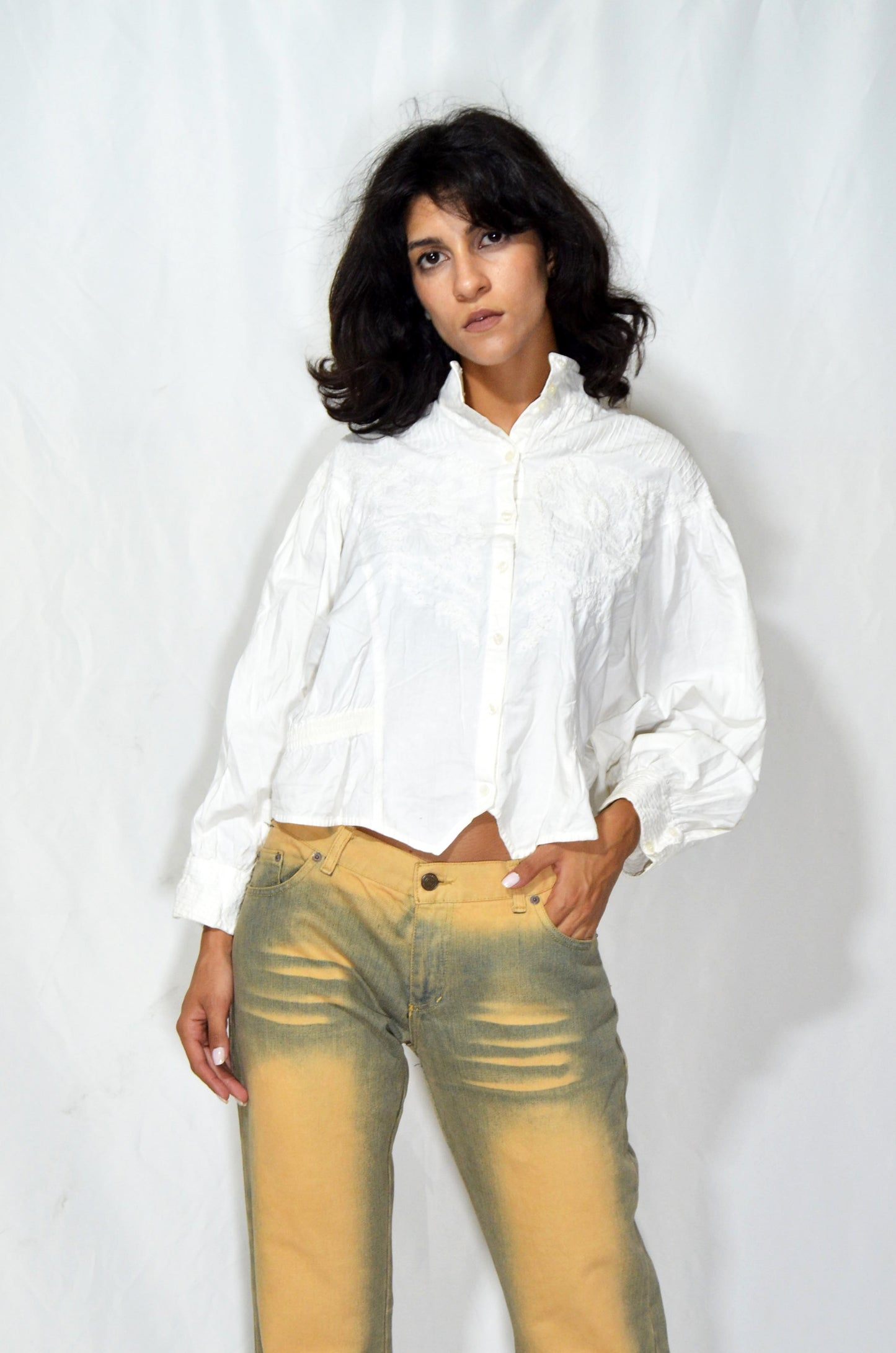 White Vintage "Rene Derbi" Balloon Sleeve Shirt