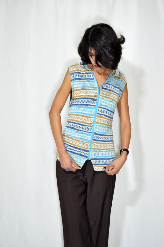 Blue & Camel Patterned Wool Vintage Gilet