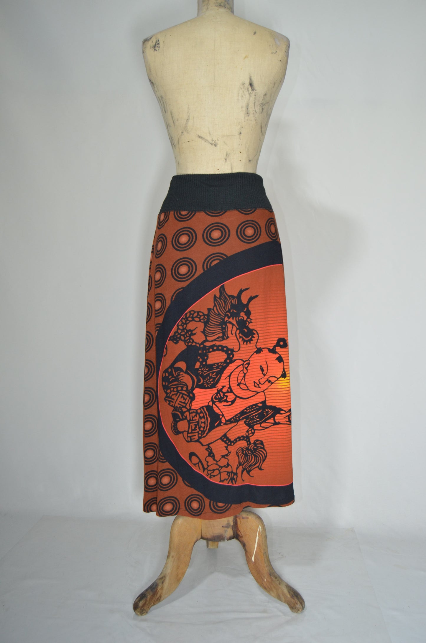 Black & Orange Illustrated Cotton Straight Maxi Skirt