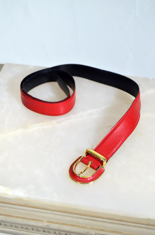 Red Leather Belt with Gold Buckle