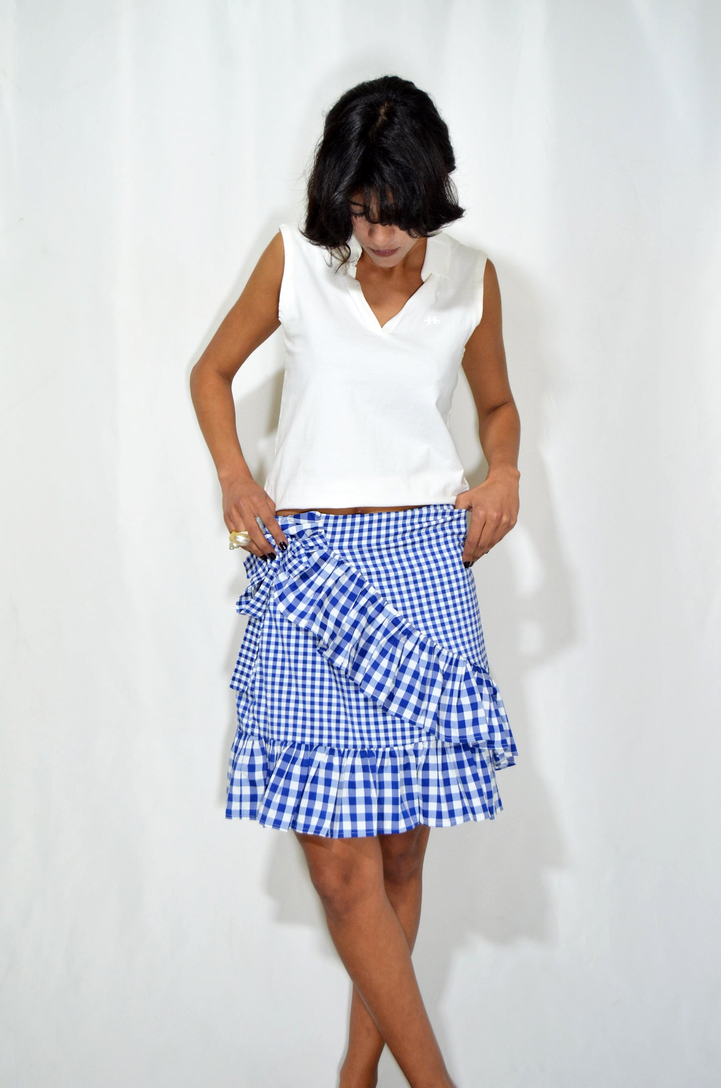 Blue & White Checkered Vintage Ruffled Skirt