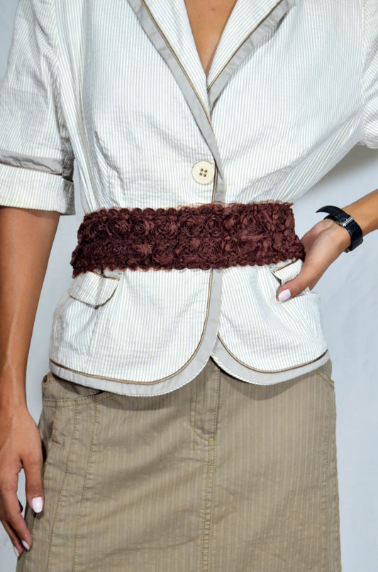 Brown Floral Elastic Waist Belt with Ribbon Tie