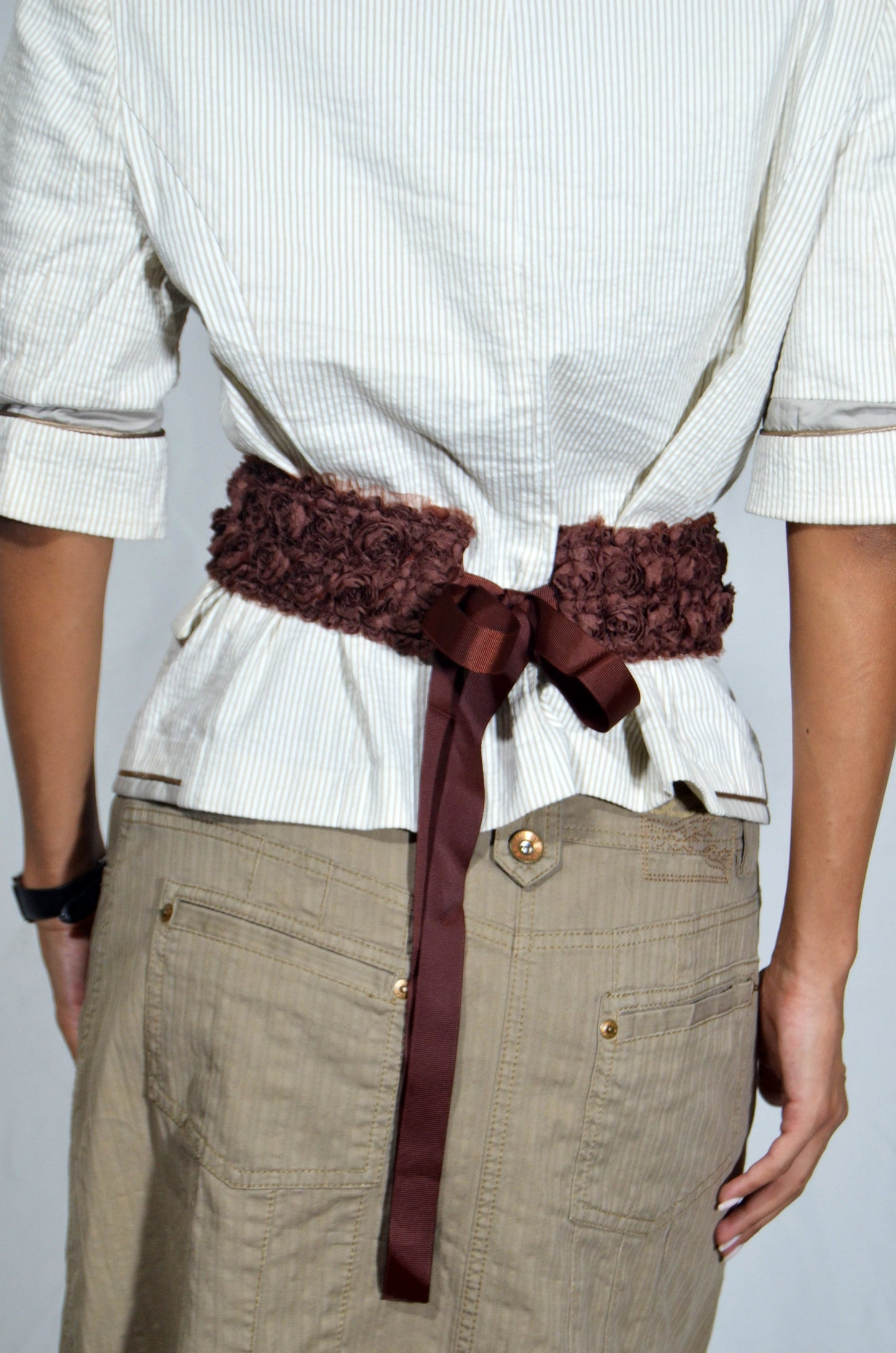 Brown Floral Elastic Waist Belt with Ribbon Tie