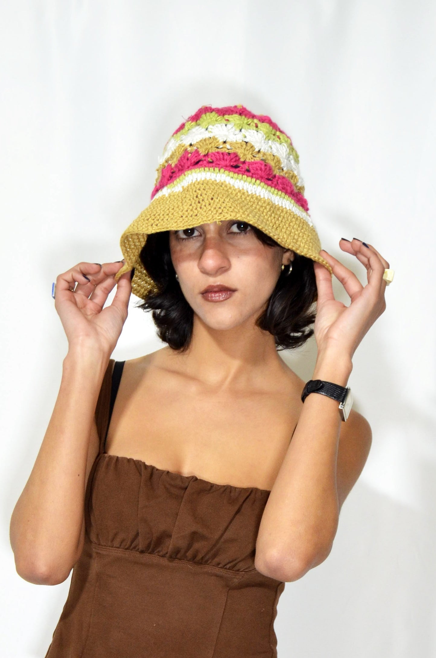 Beige & Pink Crochet Vintage Bucket Hat