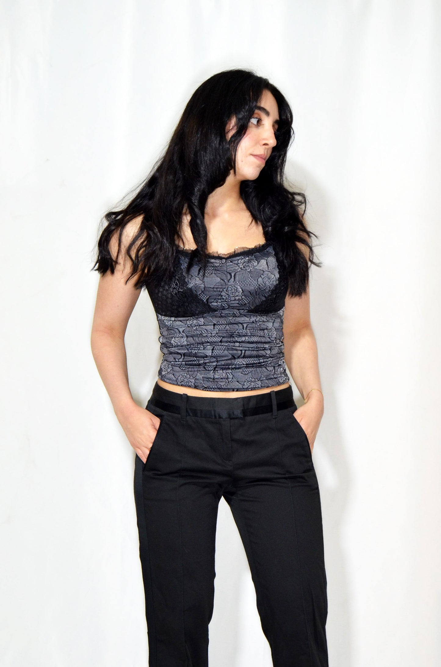 Grey & Black Floral Lacy Vintage top