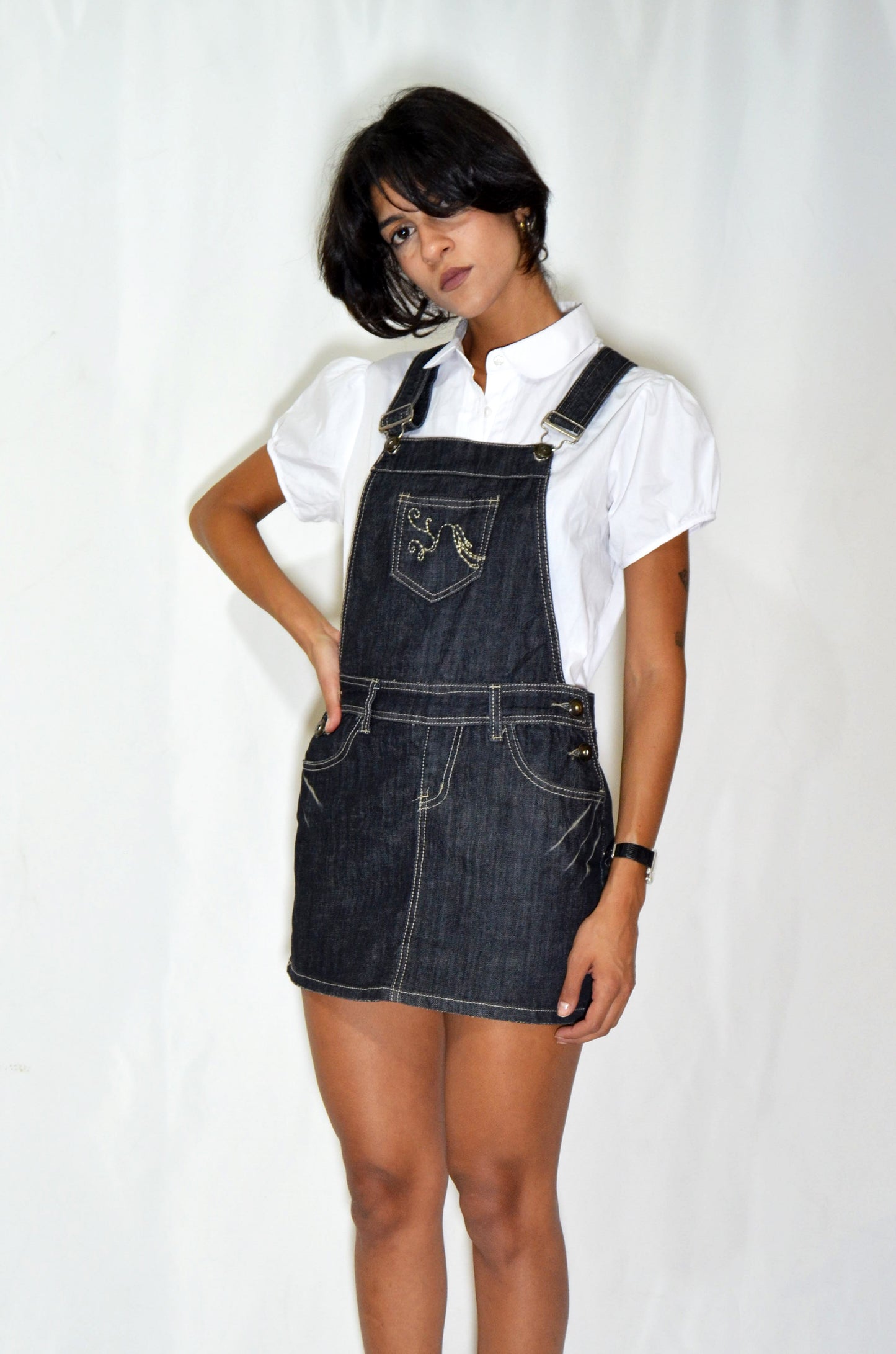 Grey Denim Vintage Embroidered Jumpsuit Skirt