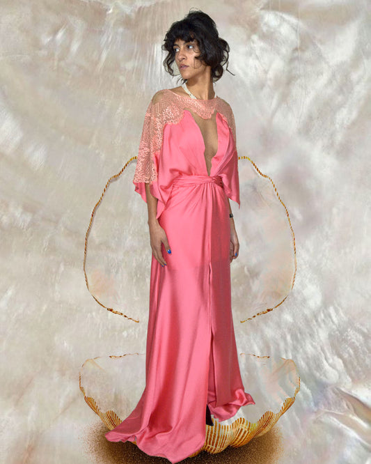 Pink Backless Silk Maxi Dress with Lace on the Shoulder