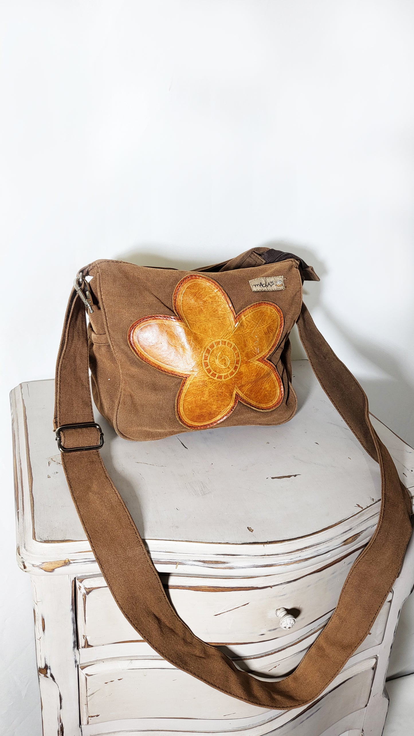 70s Hippie Revival Denim & Leather Flower Bag