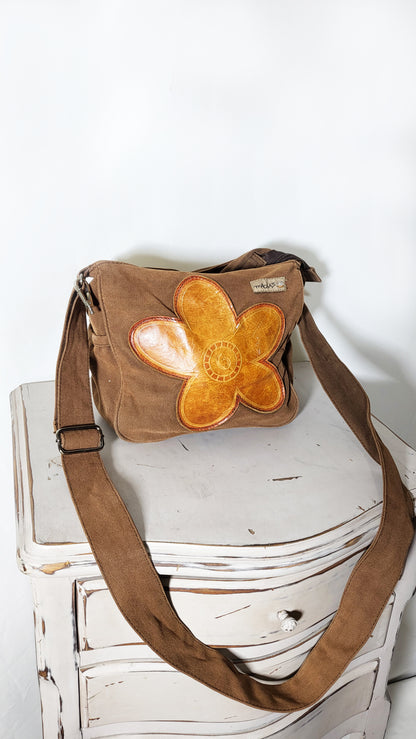 70s Hippie Revival Denim & Leather Flower Bag